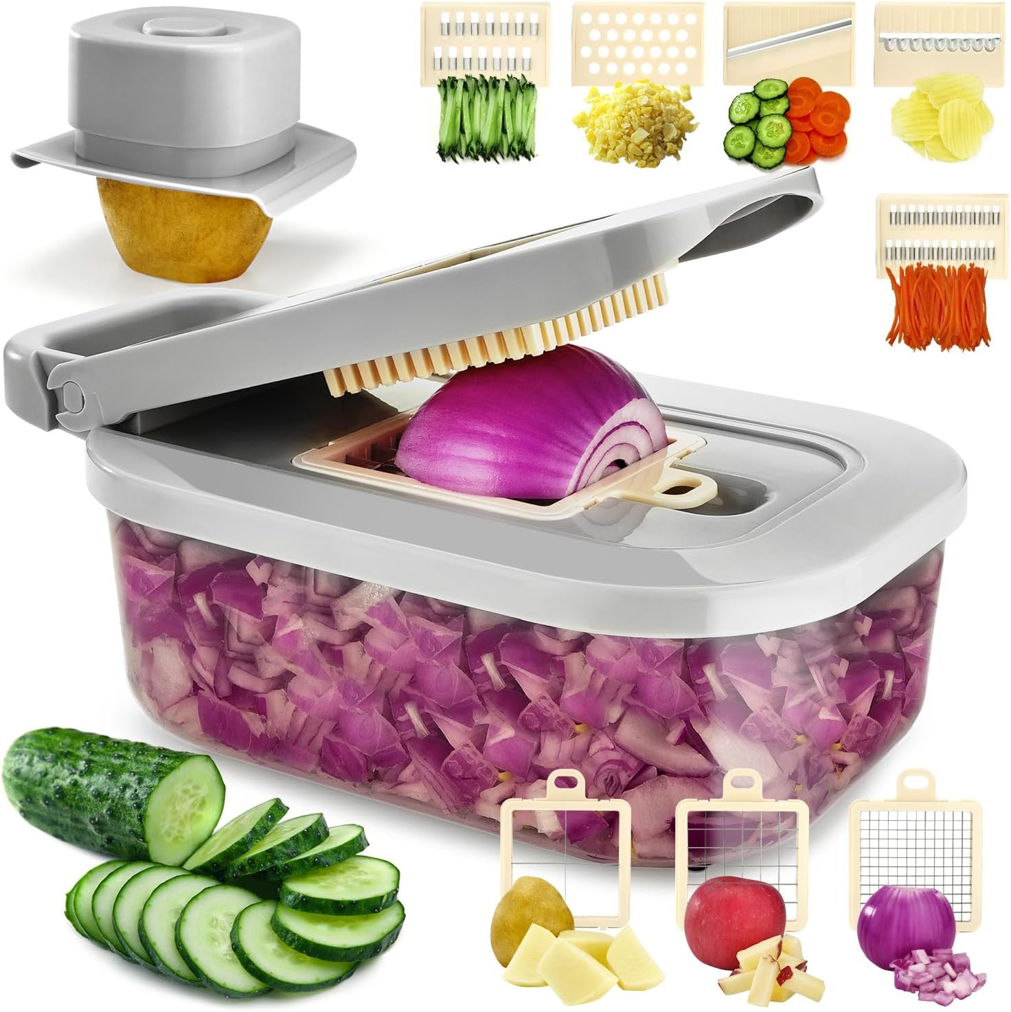 Multipurpose Vegetable Chopper with Mandoline Slicer Food Veggie Cutter Cheese Grater All-in-One Onion Dicer with Storage Container Kitchen Gadgets Tools Grey Multipurpose Vegetable Chopper with Mandoline Slicer Food Veggie Cutter Cheese Grater All-in-One Onion Dicer with Storage Container Kitchen Gadgets Tools Grey
