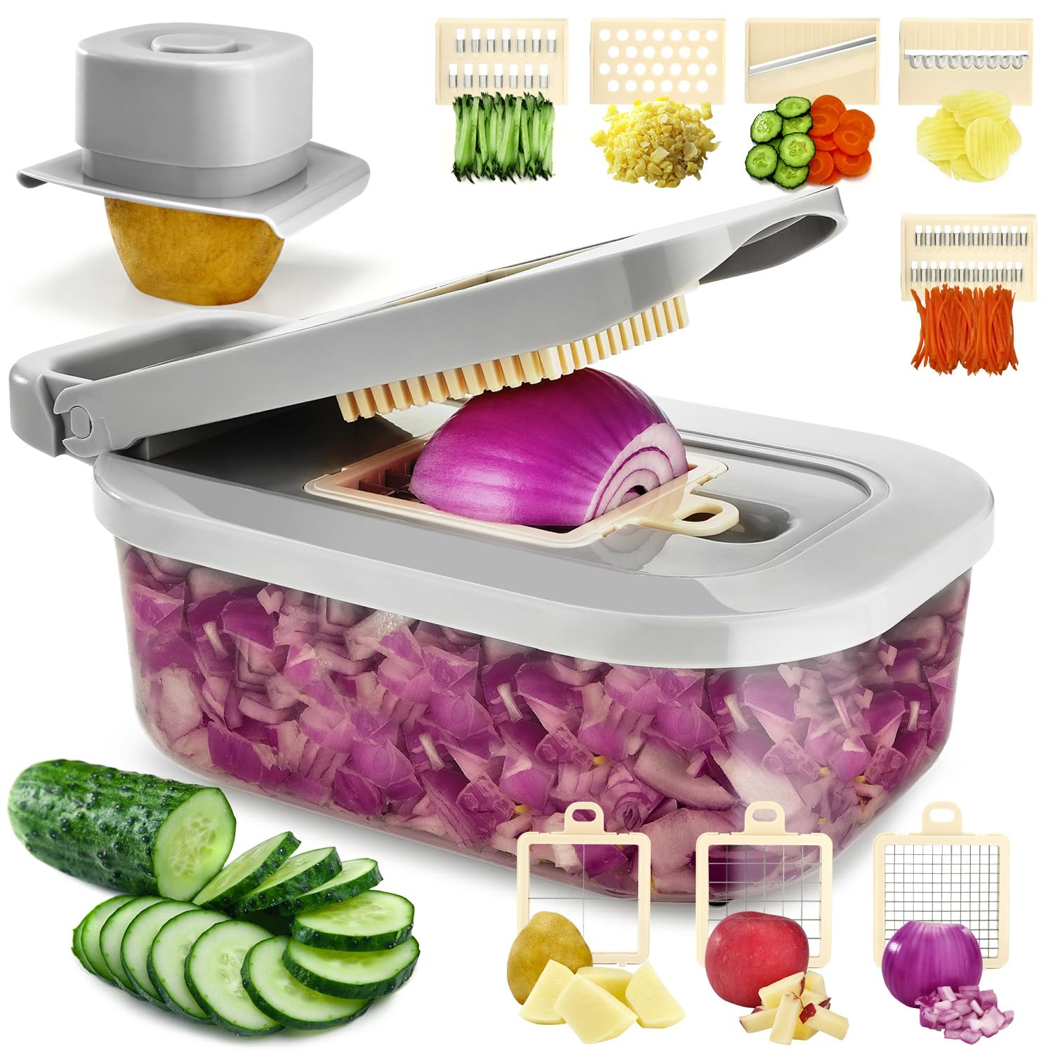 KULUNER Vegetable Chopper 9-in-1, Onion cutter with 8 Blades, Food Shredding Container with Carrots, Eggs, Home Kitchen Essentials, Salad slicers, Cheese Grater and French Fries Cuts (Grey)