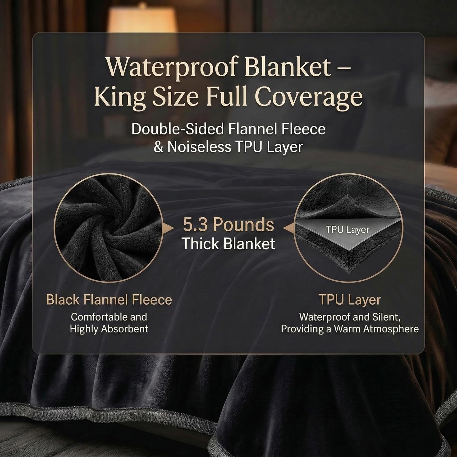 Waterproof Blanket for Bed - 82" x 82" King Size Water Proof and Stain Resistant Bed Protector for Couples, Flannel Moisture Absorbent, Machine Washable, Liquid-Resistant Throw Blanket, Black