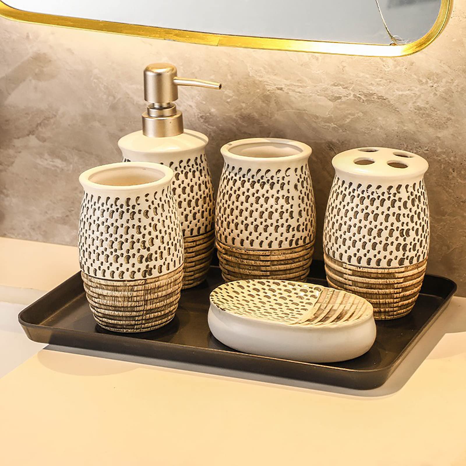 Juegos de Accesorios de baño, Antiguo Acesorios Cuartos de Baño 5 Piezas con Dispensador Jabon Baño, Jabonera Baño, Porta Cepillo de Dientes, Bandeja, para Champú Cerámica Marrón