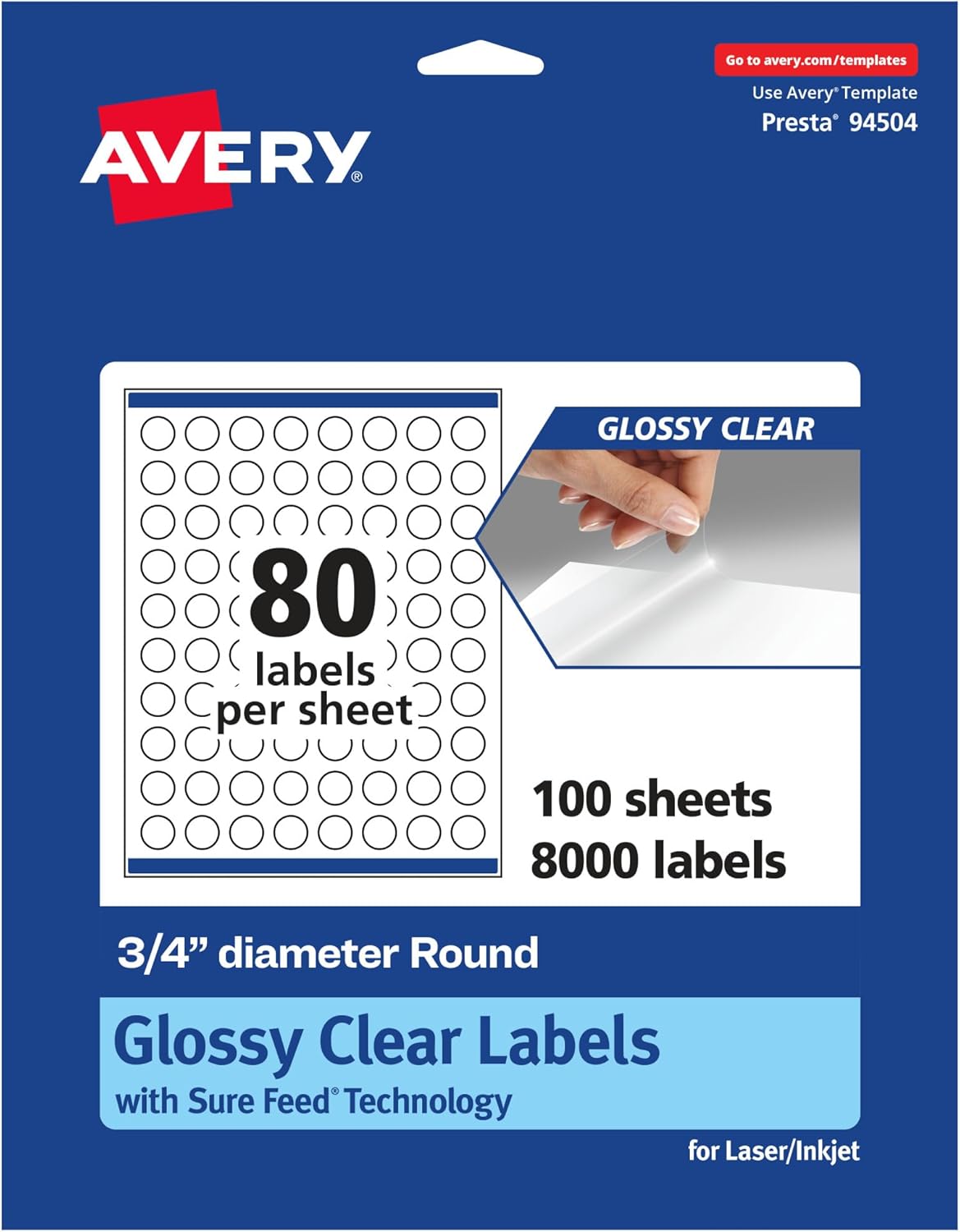 Avery Glossy Clear Round Labels, Sure Feed Technology, 0.75" Diameter, 2,000 Glossy Clear Labels, Print-to-The-Edge, Laser/Inkjet Printable