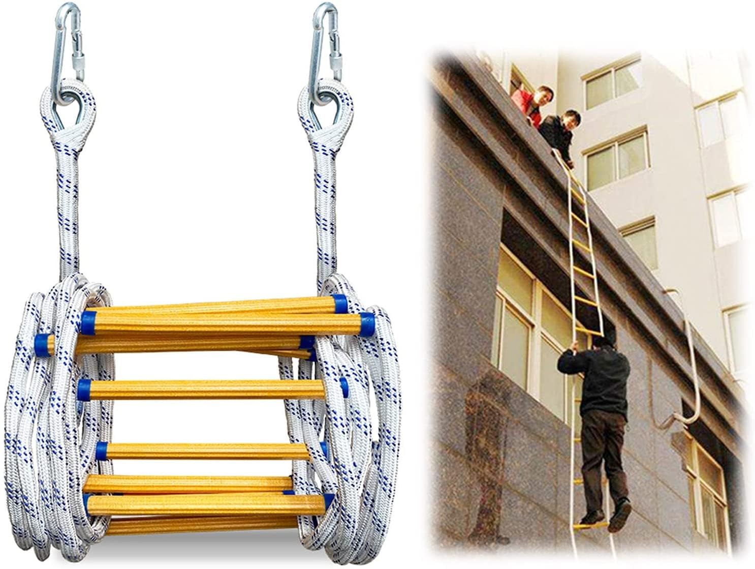Escalera de Cuerda para Escape de Incendios - Escalera de evacuación de Emergencia Resistente al Fuego con mosquetones de Gancho para niños y Adultos, Escalera de Rescate de Incendios de 2 a