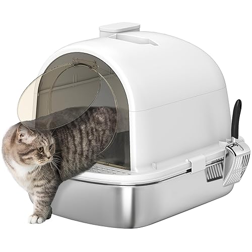 PawHut Arenero para Gatos de Acero Inoxidable con Cubierto Caja de Arena para Gatos Arenero con Bolsa Desodorizante Pala Fácil de Limpiar 52,4x41,3x39,9 cm Blanco - Blanco