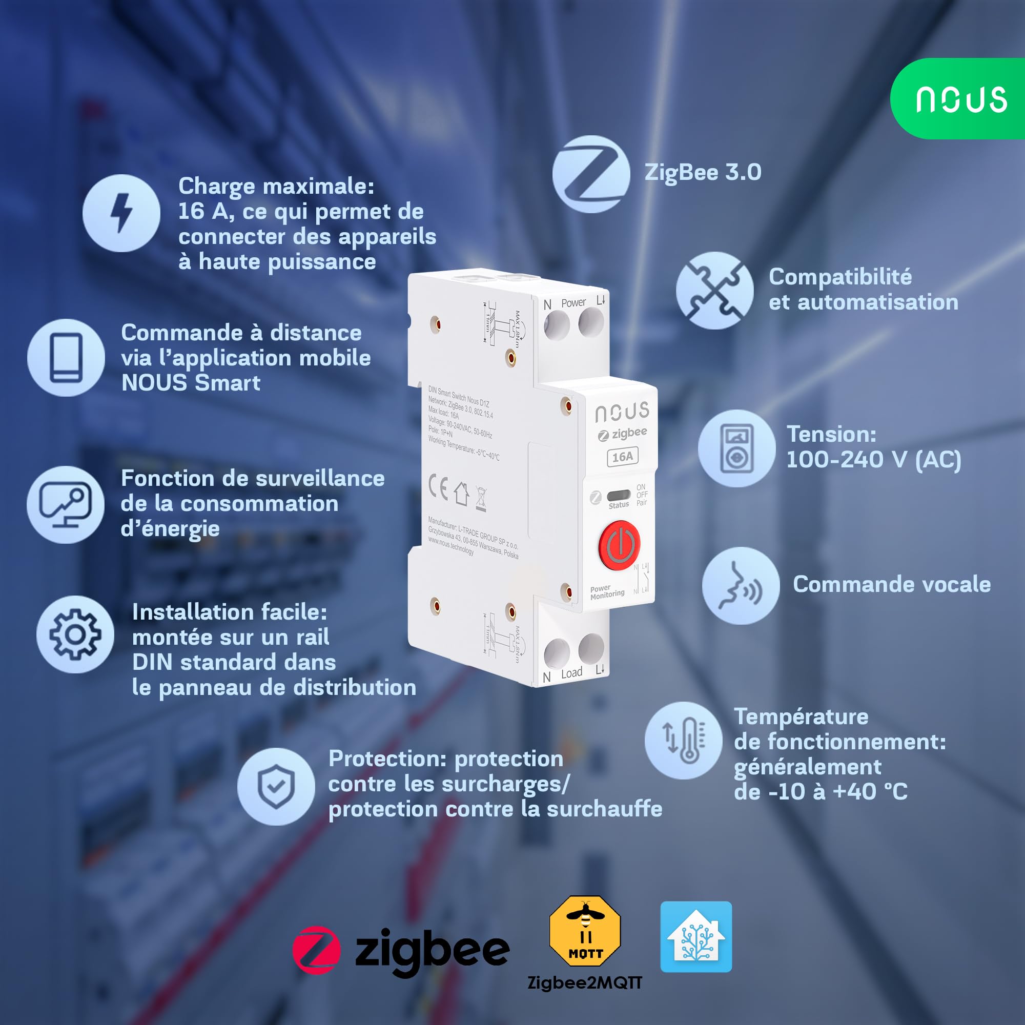 Nous Interrupteur Zigbee DIN, 16A Interrupteur Intelligent Avec Surveillance Énergétique, Compatible Avec Zigbee2MQTT, Home Assistant, Alexa et Google Home, Contrôle des applications, Contrôle vocal