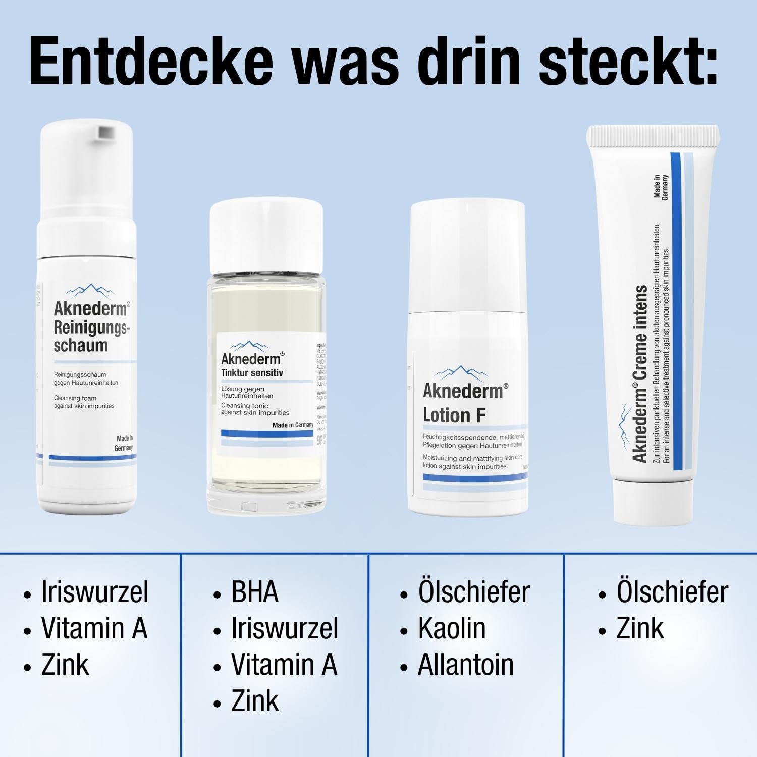 aknederm Premium Set intens für sensible Haut - Set mit Tinktur sensitiv/Reinigungsschaum/Lotion F/Creme intens & Reinigungspads - natürliches Skincare Set - ideal zur Akne Behandlung 230ml