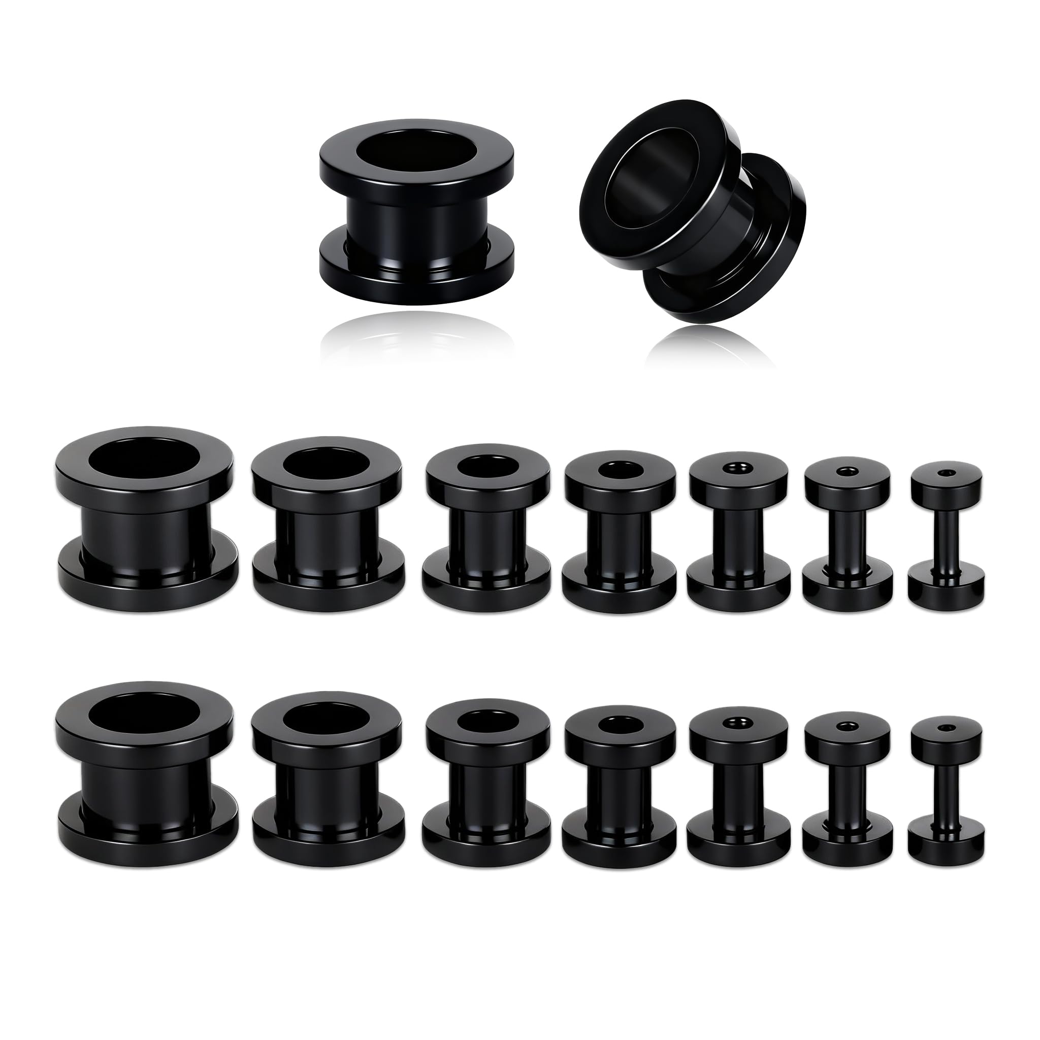 Vankula Set di 16 dilatatori per orecchie, 1,4 – 10 mm, a doppia svasatura, dilatatore, dilatatore estensibile, in acciaio inox, per fori d'orecchio, gioielli nero, oro, argento
