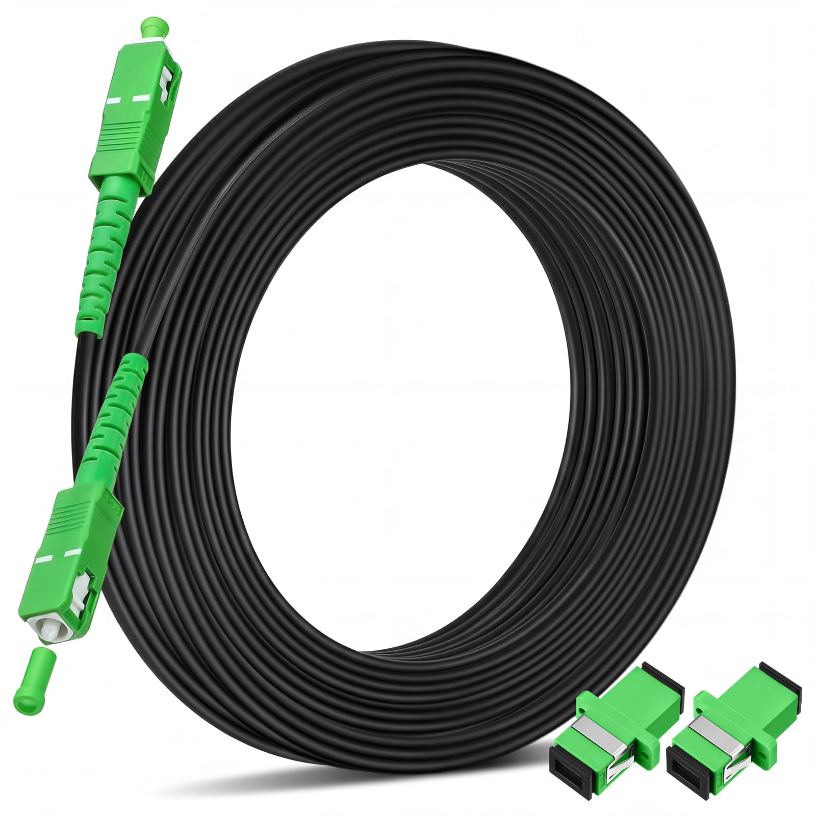 Photo 1 of Tellegloww 150ft/45m Sc/APC Fiber Optic Internet Cable Os2 Single Mode Outdoor Armored Sc/APC Fiber Optic Cable Sc to Sc Jumper Simplex Jumper Connector with 2 Couplers, Lszh Black