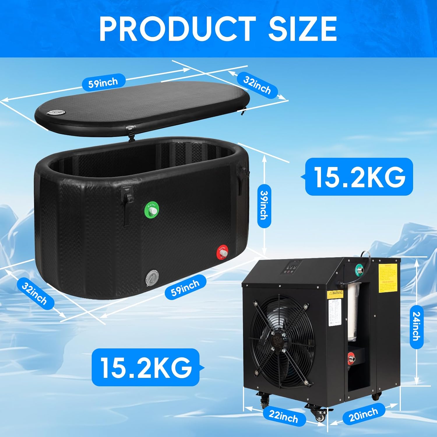 Ice Bath Tub with 1HP Water Chiller, 216 Gallon Inflatable Cold Plunge Tub with Thermometer and Water-Absorbent Mat, Portable Bath Tub for Outdoor & Indoor Recovery, 59"x32"x29"