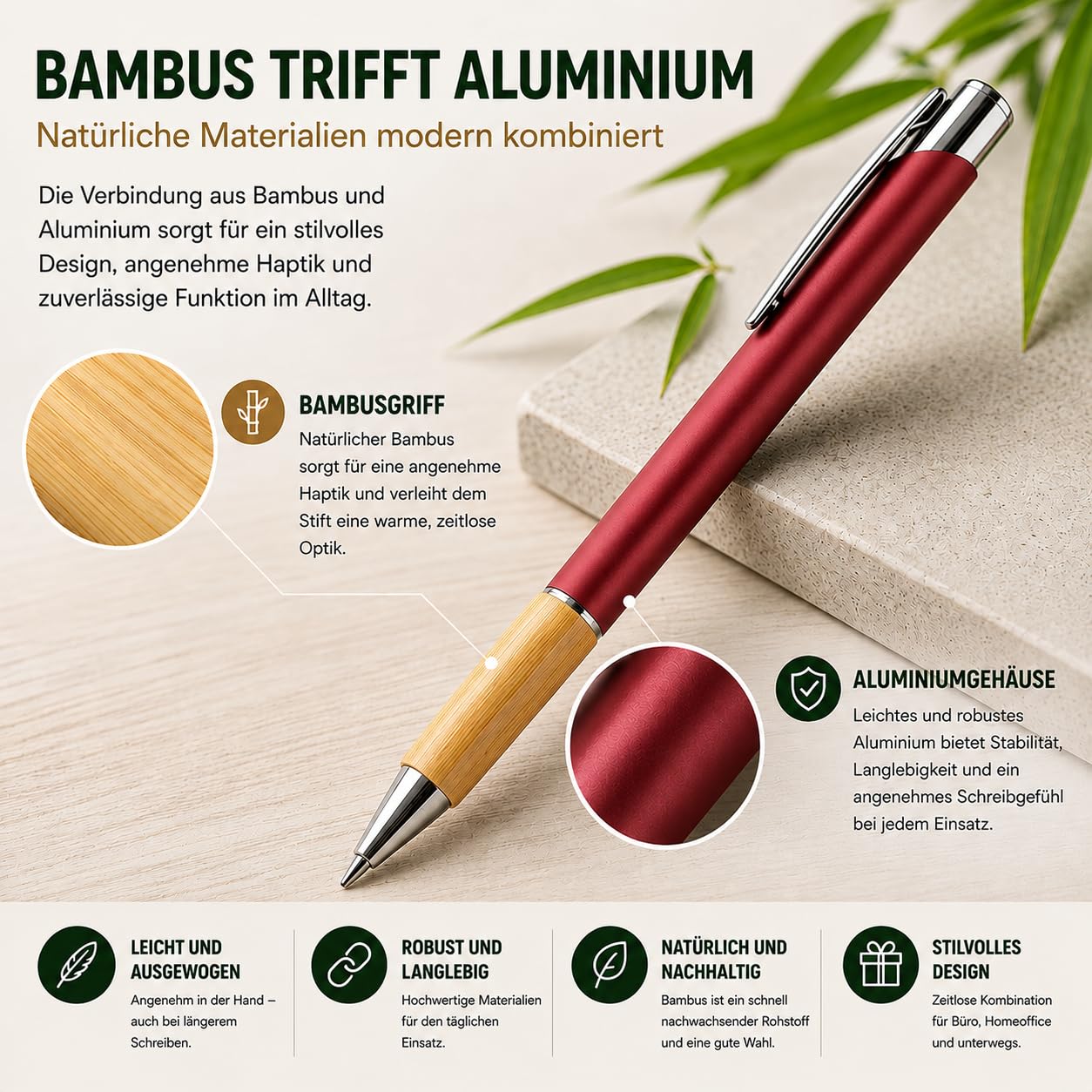 WPRO Bambus Kugelschreiber 50er Set Rot Aluminiumgehäuse blauschreibend