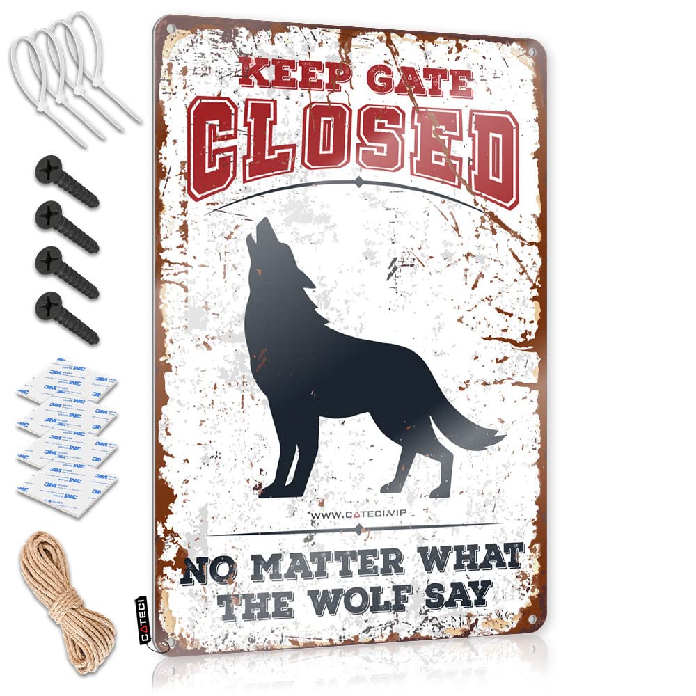 IBWNBBUSN Personalized Bar Signs Keep Gate Closed No Matter What The Wolf Say Tin Sign Tin Signs Camping Rules Cave Door Sign(30X40CM)