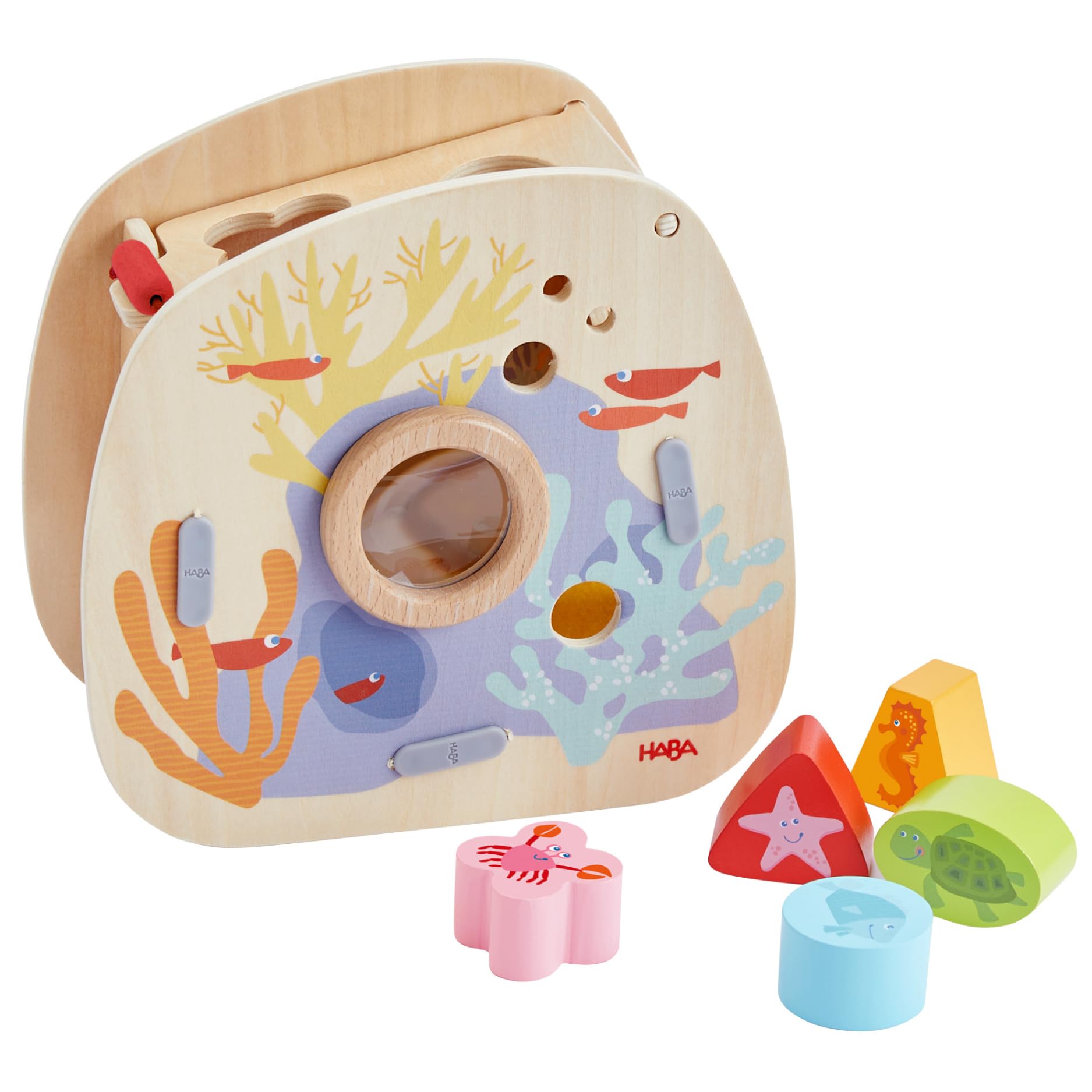 HABA Scatola di smistamento mondo sottomarino – Gioco di mappatura con animali marini per bambini dai 18 mesi in su, con funzione di lente d'ingrandimento, giocattolo educativo per promuovere le