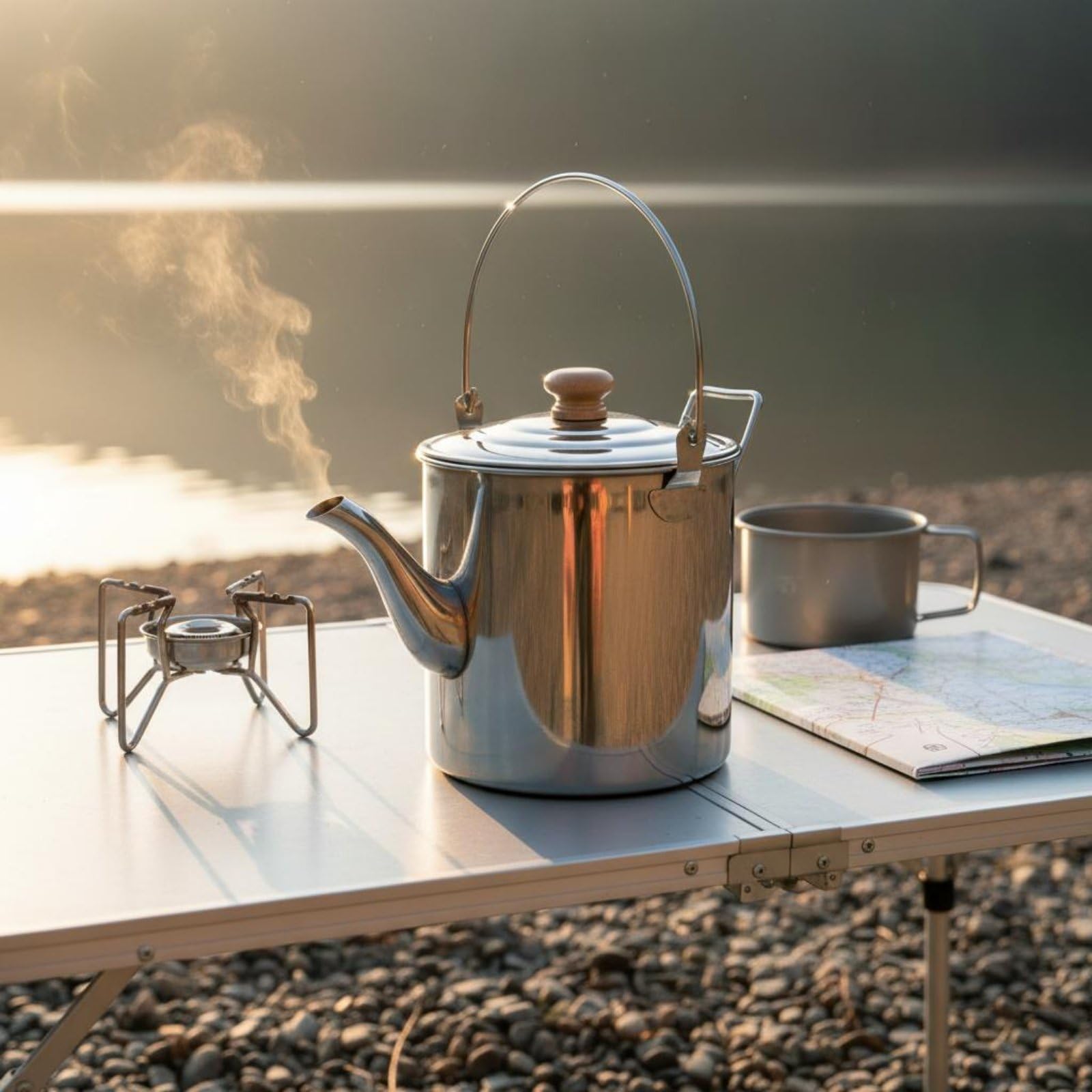 Gralara Tetera de Camping Tetera Hervidor Olla Cafetera con Cuerpo de Acero Inoxidable y Perilla de Madera Antitérmica Largo Que Evita Buena Retención de, 3L