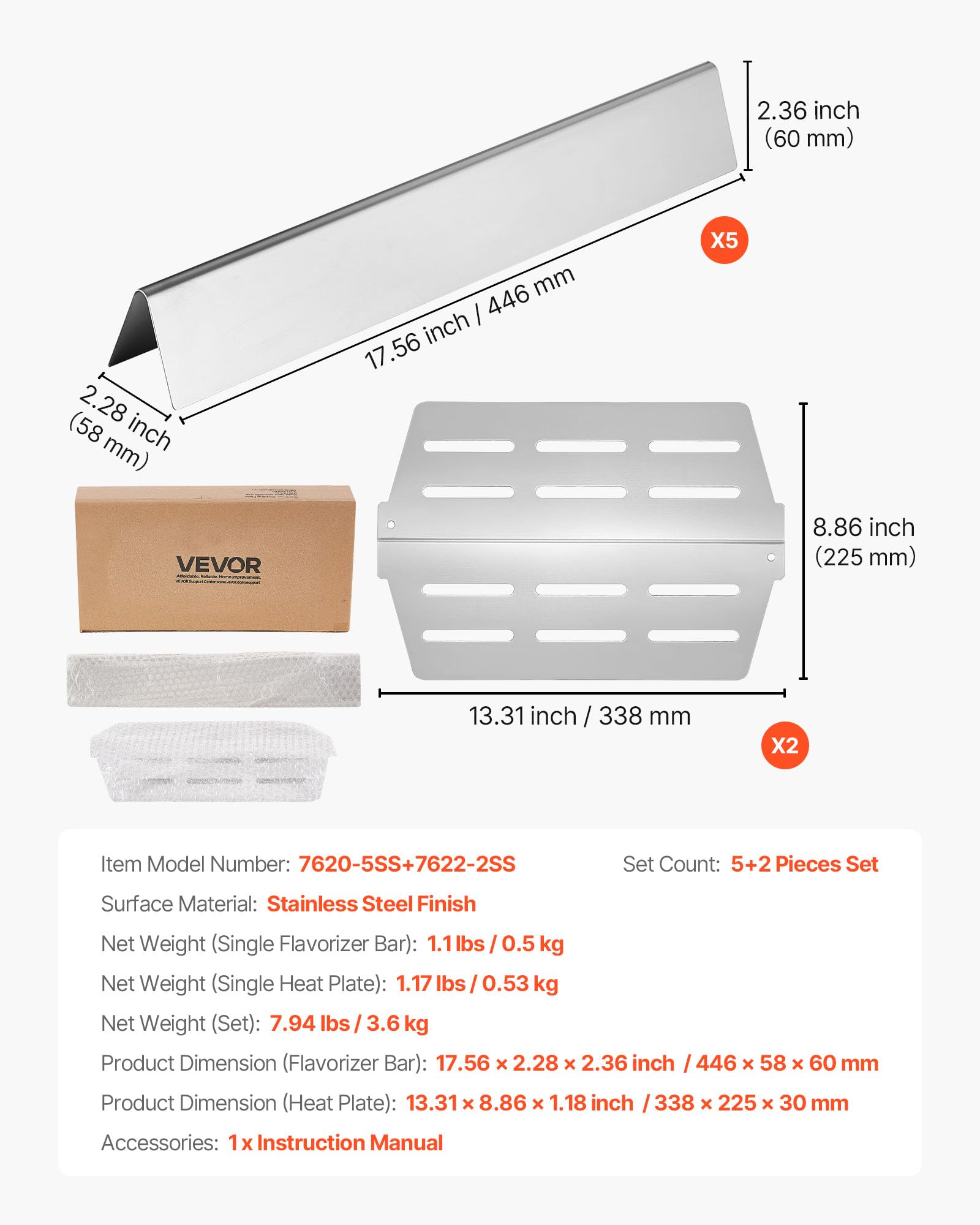 VEVOR 5 Flavorizer Bars + 2 Heizplatten, Aromaschienen Flammenverteiler für Grills (Weber Genesis 300-Serie), einschließlich E310 E320 E330 S310 S320 S330, dickere Heizplatte aus Edelstahl