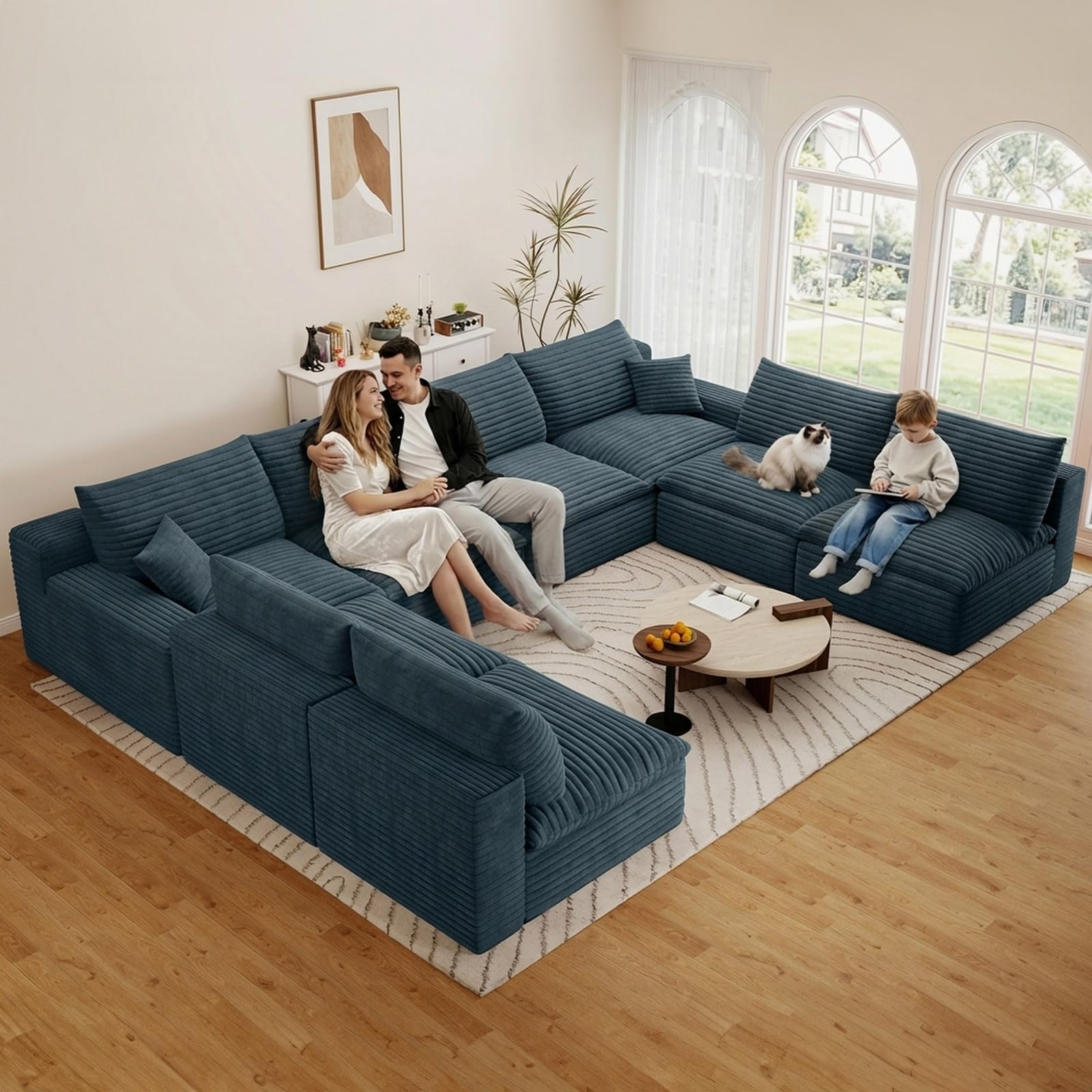 136" Cloud Couch Modular Sectional Sofa for Living Room, U-Shape Boneless Couch with Deep Seat, Modern Corduroy 8-Seater, No Assembly Required,Blue