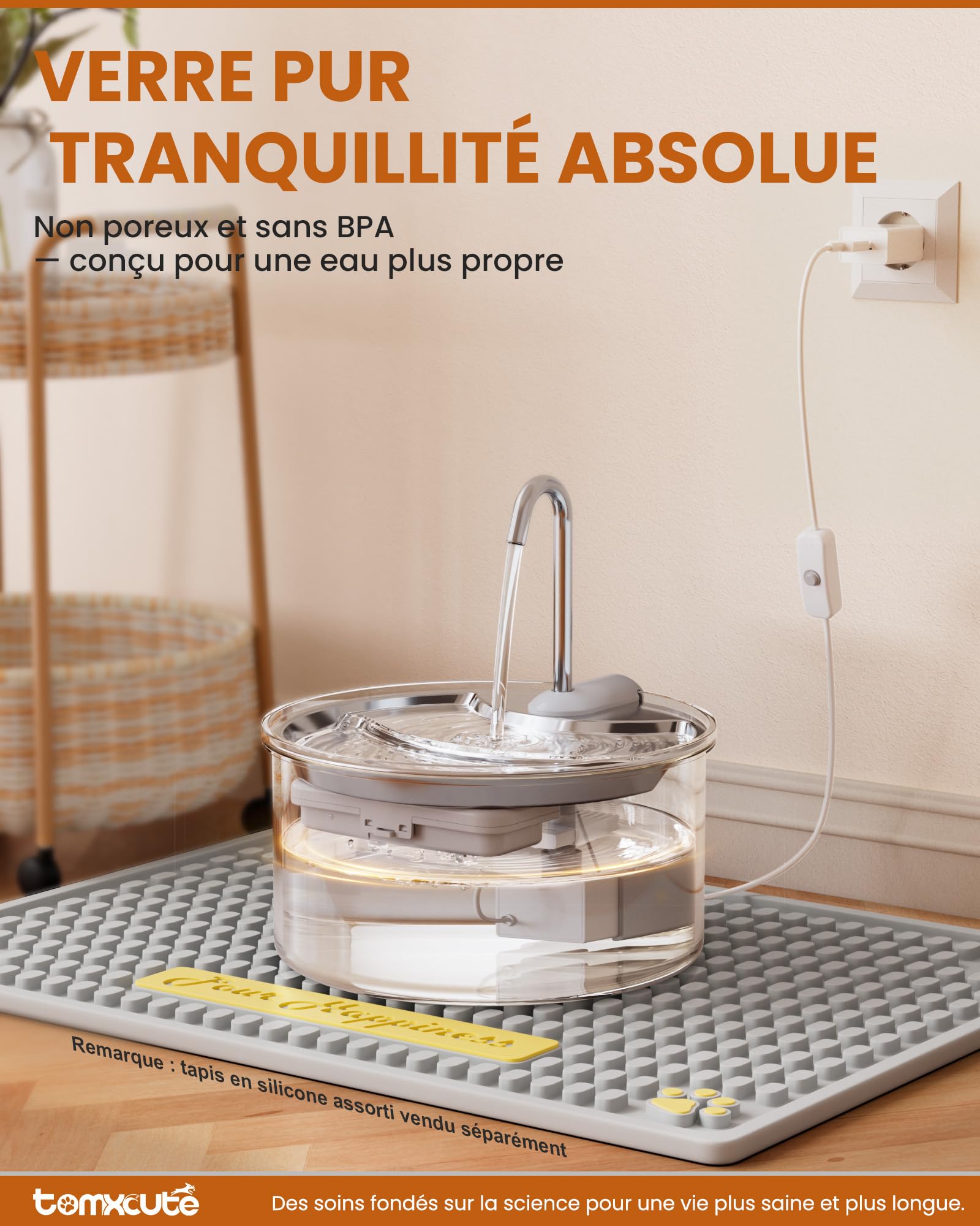 TOMXCUTE Fontaine à Eau Chat Verre 2,5L avec Niveau Visible 360°