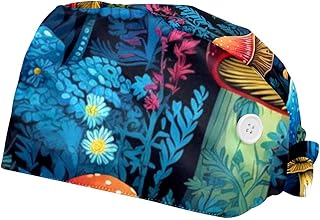 2 Pcs Scrub Cap with Buttons, Mushroom Floral Surgical Caps Adjustable Tie Back Hats for Women Men