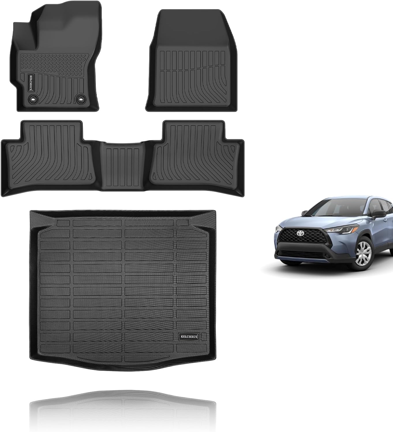 KELCSEECS Floor Mats & Cargo Liner for 2025 2024 2023 2022 Corolla Cross(Fit Hybrid & Gas) FWD All Weather Floor Liners Car Mats Cargo Mat Trunk Mat Corolla Cross Floor Mats Trunk Liner Accessories 2022-2025 Toyota Corolla Cross FWD Floor Mats & Cargo Liner