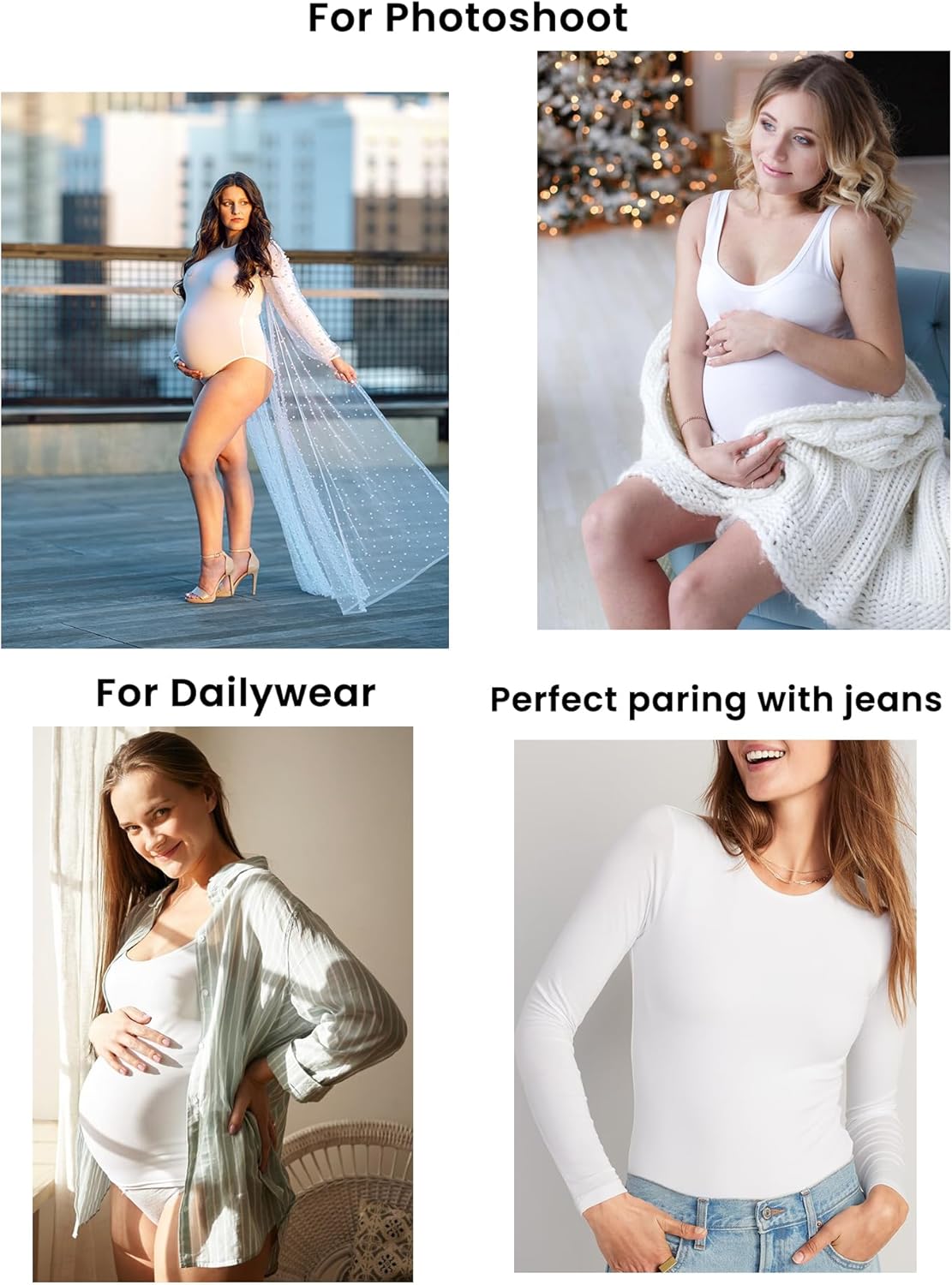 V VOCNI Maternity Bodysuit Crew Neck Long Sleeve Maternity Shirt Tops Jumpsuit Romper Pregnancy Shapewear Body Suit - Image 4