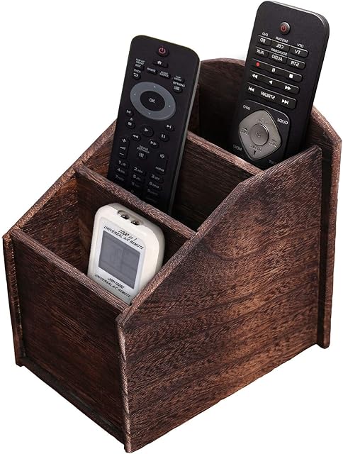 Rustic 3-Slot Wooden Remote Control Holder  Caddy Holder for Multimedia, Office or Desk Supplies  Modern Farmhouse Décor for Living Room  Distressed, Torched Brown Color