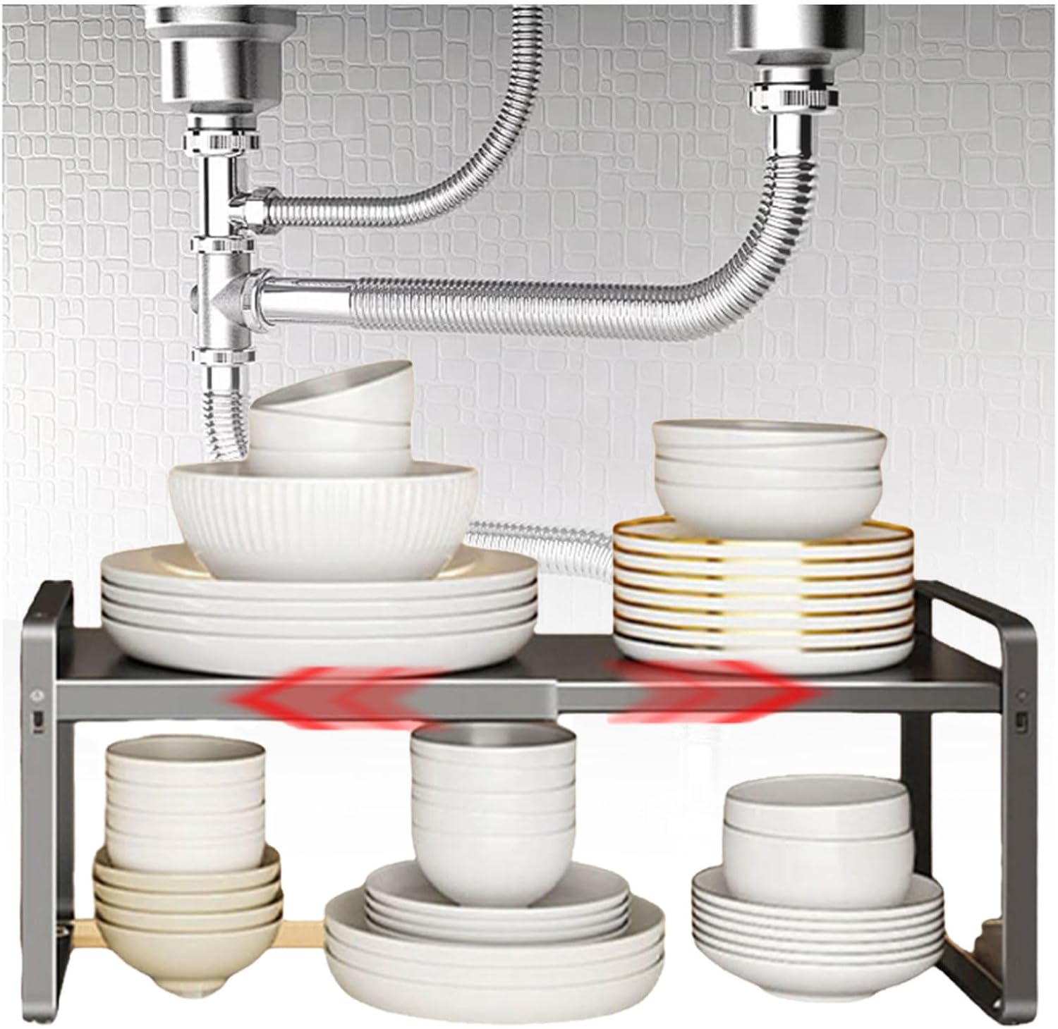Extendable Under Sink Organizer - Stackable Under Cabinet Organizer Shelf with Width Adjustable Add Extra Space and Easy Access for 24-41cm/36-64cm Wide Sink Cabinet