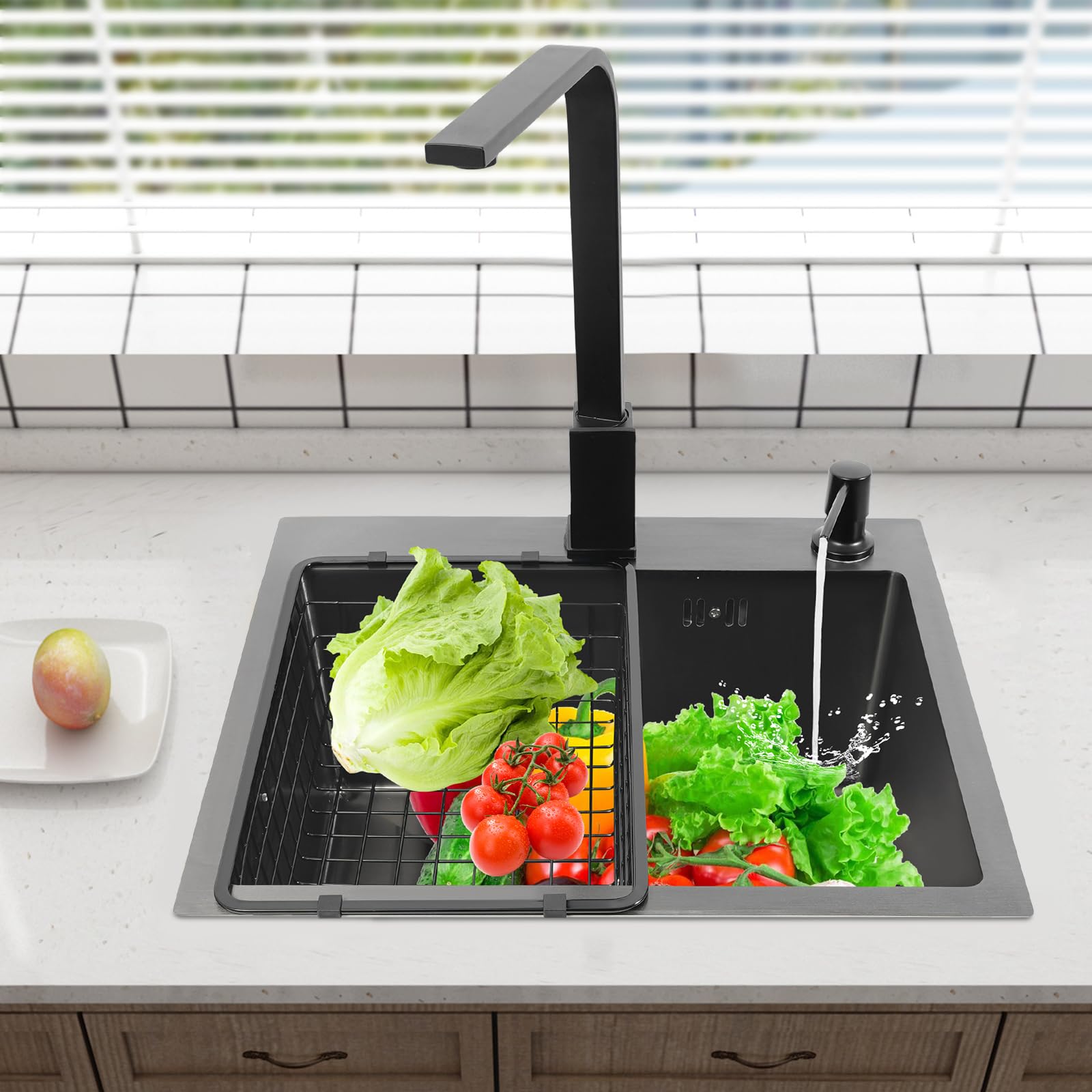 Cecipa Max Roestvrijstalen Spoelbak 70×45×21,5CM Met Afdruiprek Wastafel En Zeepdispenser Keukenkraan Met Uittrekbare Douche Zwarte Spoelbakmengkraan