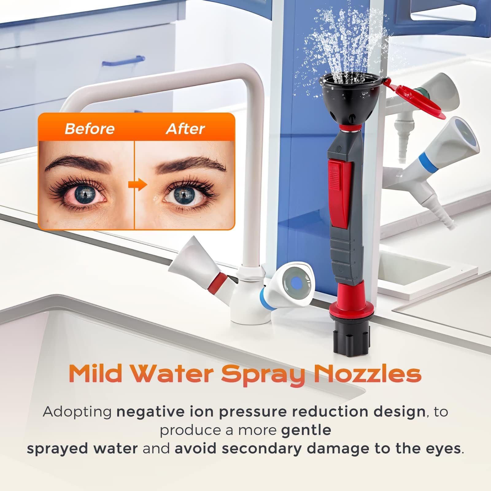 Station de lavage oculaire avec tuyau d'arrosage en acier inoxydable de 1,5 m – Buse de filtre multicouche, pulvérisateur moussant, utilisation en laboratoire et industriel – Interrupteur pratique ;