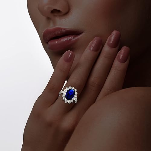 Vista 2 de Beaux Bijoux Anillo de Compromiso de Plata de Ley Grande Ovalado con Zafiro Azul Creado y Circonia Cúbica Clara, Anillo de Novia, Estilo Princesa