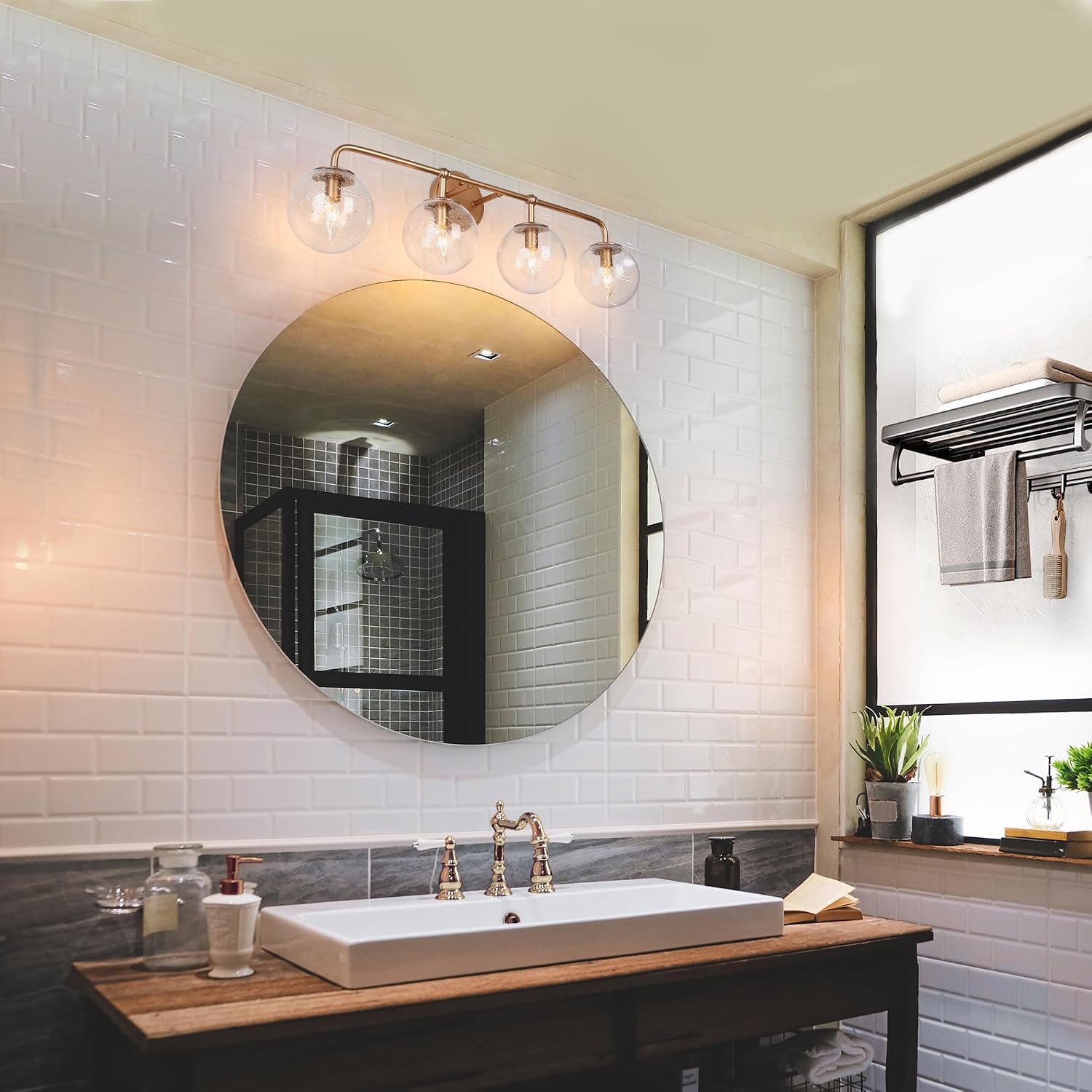 Gold Vanity Lights, 4 Light Bathroom Light Fixtures Over Mirror, Globe Seeded Glass Bathroom Vanity Lighting for Bedroom, Kitchen, Powder Room