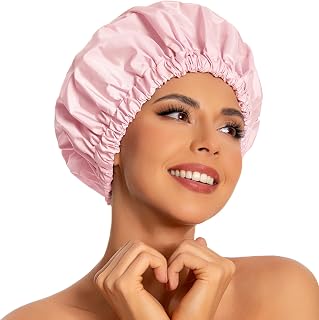 Edoneery Reusable Waterproof Shower Cap for Women - Large Pink Bath Hat for Long Hair, Braids, Washable Elastic Band