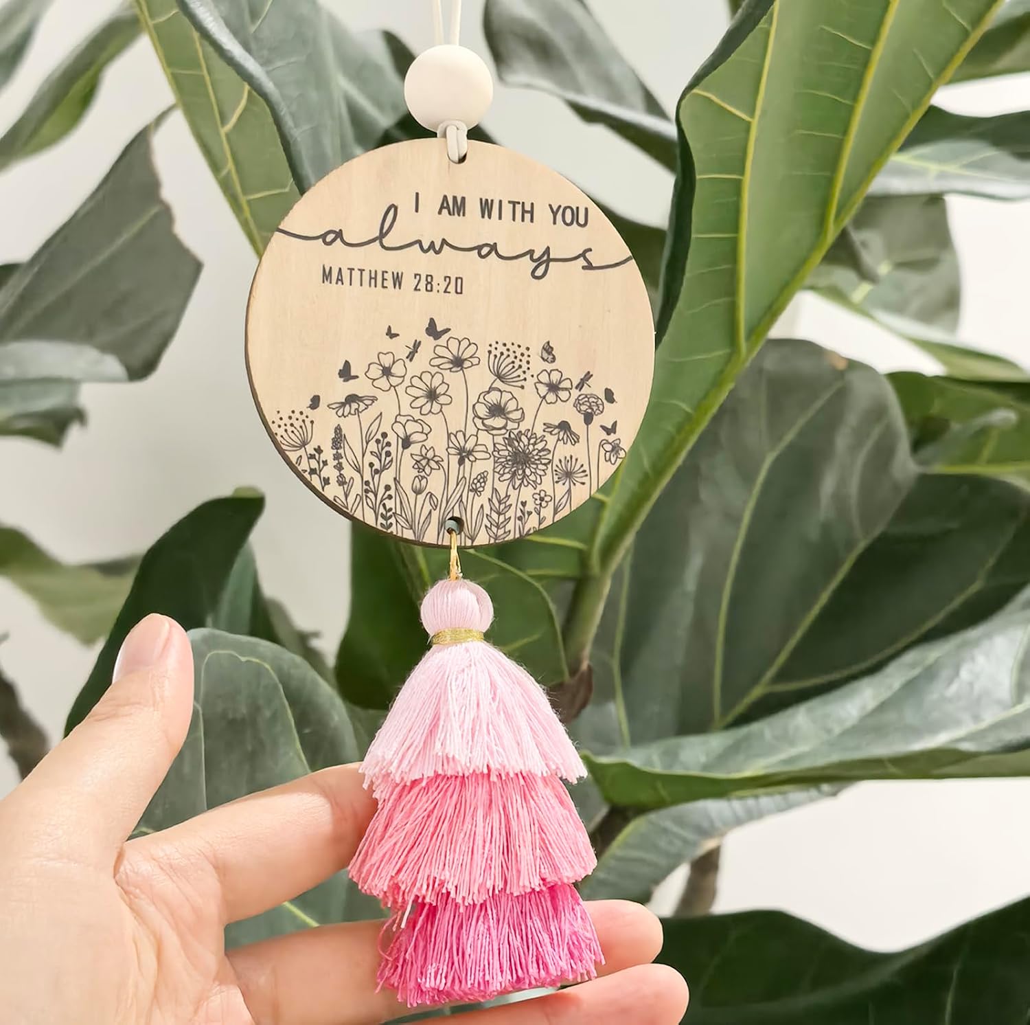 Christian Car Charm Gifts for Women Men, I am with You Always Rear View Mirror Hanger with Tassel Religious Car Hanging Ornament Accessories(Pink)