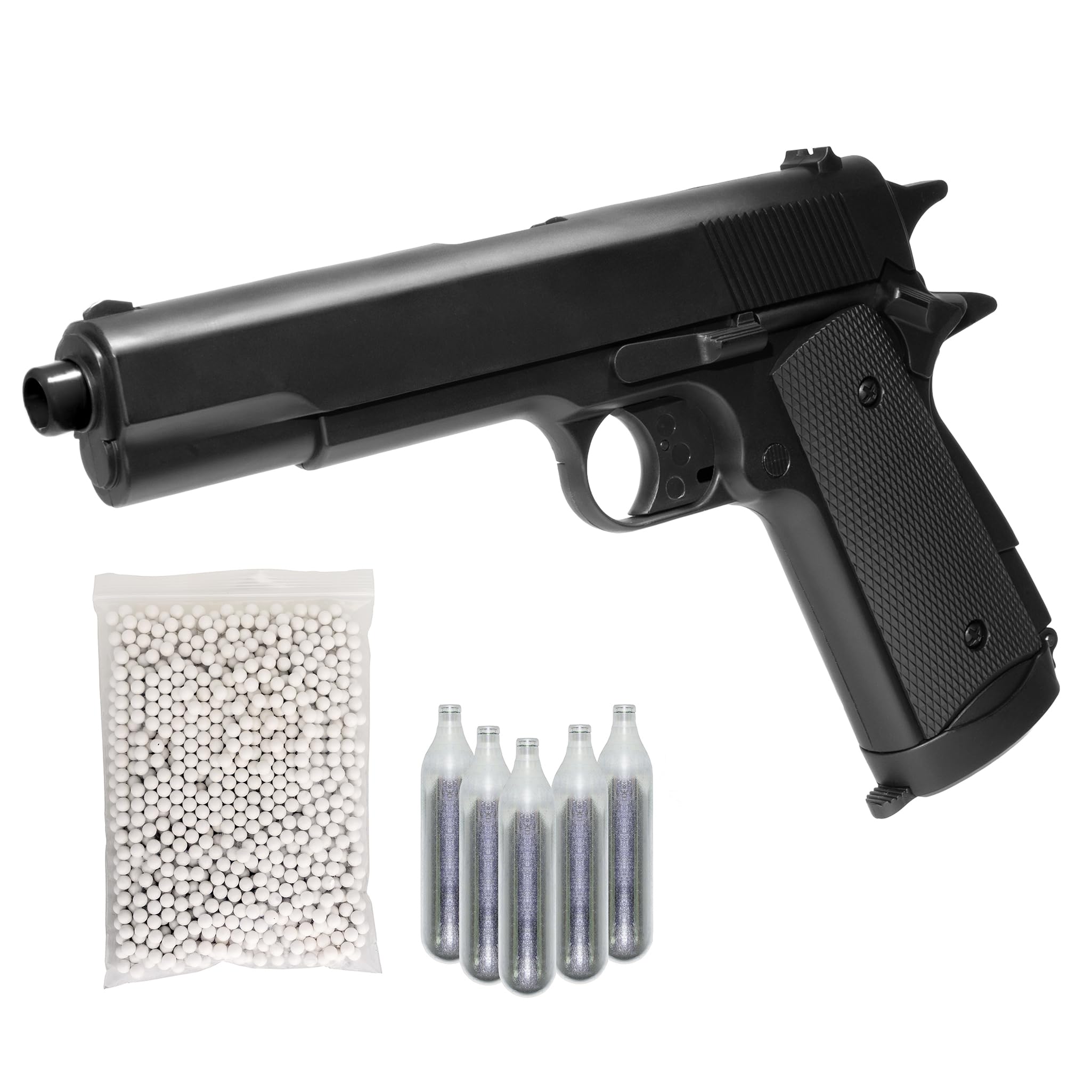Pistola Softair 1911, Bundle Completo: Pistola a Pallini, 5 bombolette Co2, 1000 Pallini 6mm - Airsoft, Pistole Softair, colore nero, potenza 0,9 joule