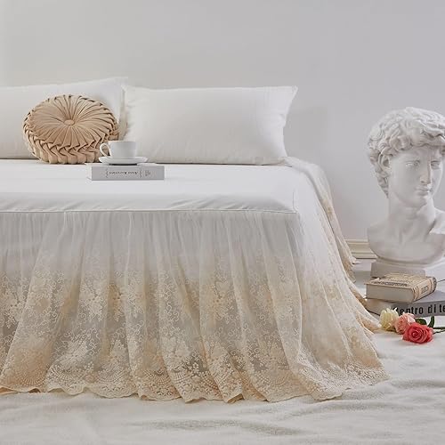 Brandream Falda de cama de encaje, tamaño individual, color blanco crema, caída de 18 pulgadas, romántica con volantes y esquinas divididas,