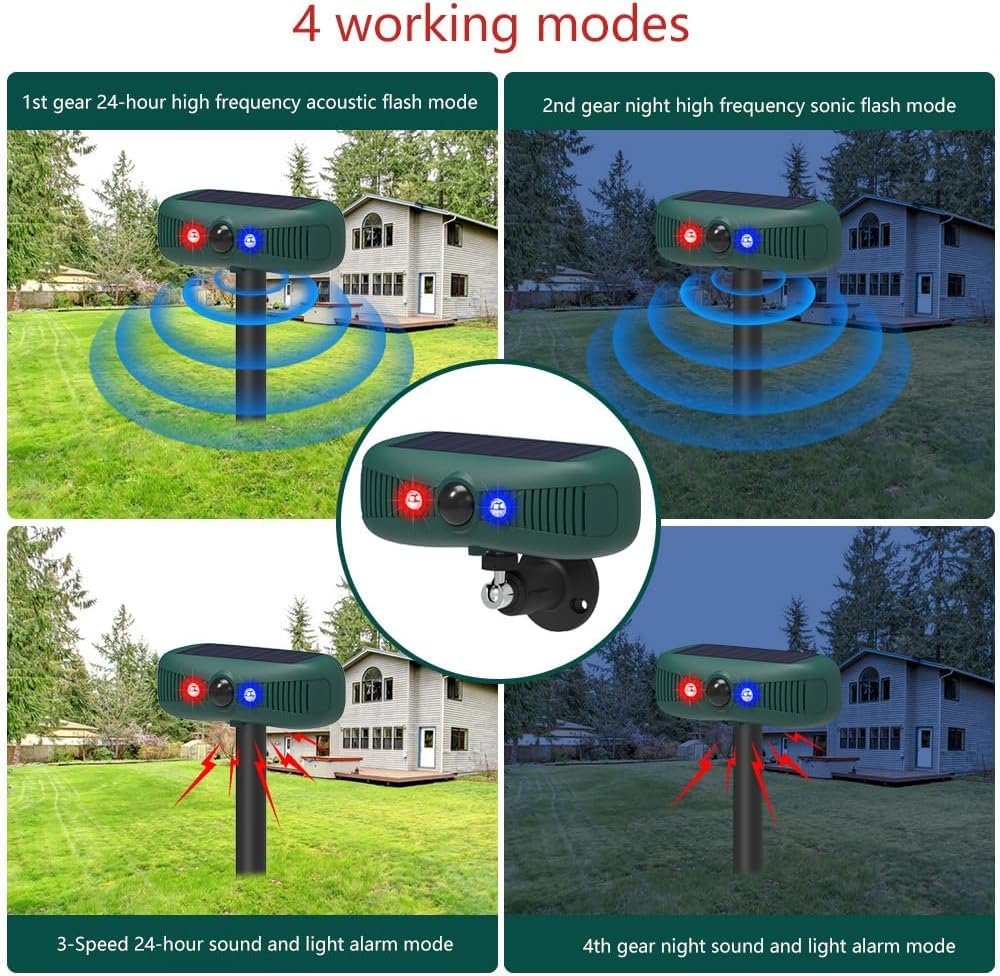 Sensor de movimiento de alarma solar exterior, 2 x 129 dB sirena de seguridad fuerte, 4 modos, luces de flash rojas y azules activadas por movimiento, los intrusos huyen rápidamente