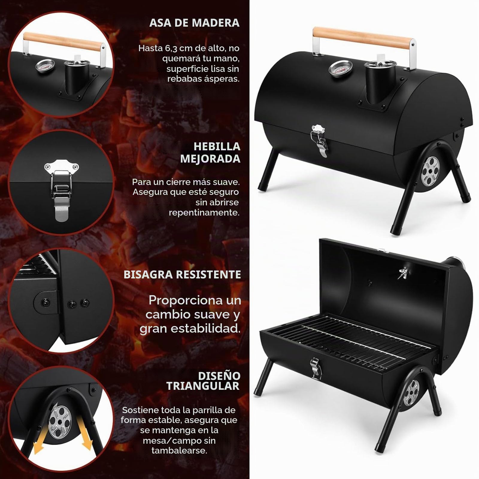 Barbacoa de carbón vegetal portátil para camping, barbacoa de carbón con tapa, pequeña barbacoa de mesa con termómetro, suministro de aire ajustable y cantidad de aire de escape, para cocinar al aire