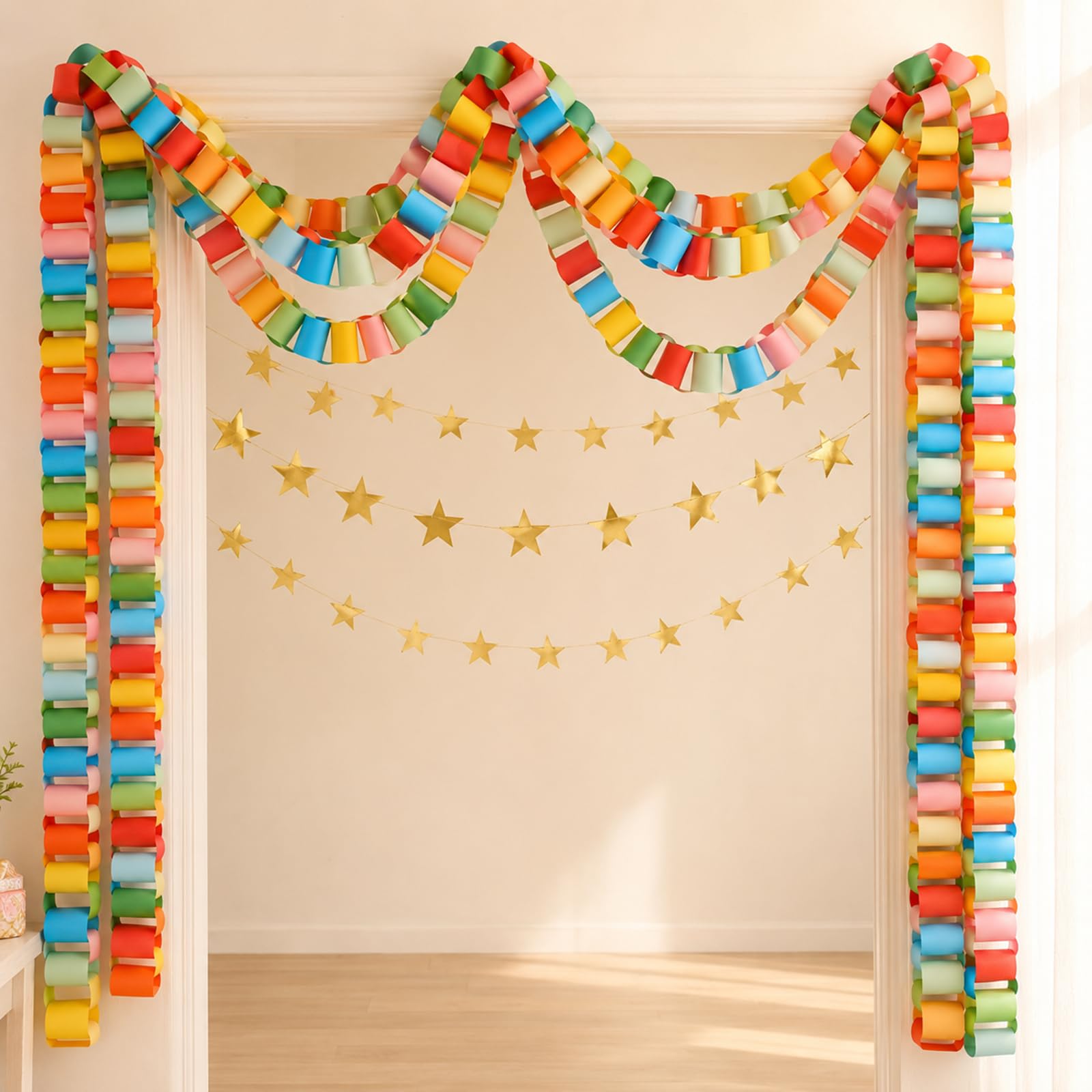 500 hojas de tiras de cadena de papel de 3 x 8 pulgadas, guirnalda de estrellas doradas de 16 m y 30 globos coloridos de arcoíris de 12 pulgadas para manualidades, cumpleaños, boda, festival