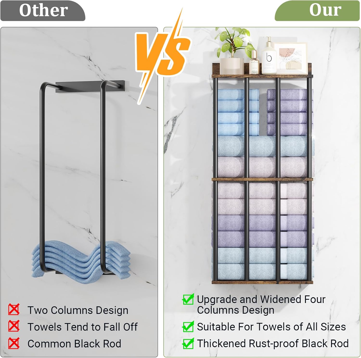 Large Capacity Three-layer Widened Towel Racks for Bathroom Wall Mounted, Updated 4 Bar bath Towel Holder for Bathroom, Bath Towel Rack for Wall Mount, Metal Small Bathrooms Towel Storage Rack, Rustic