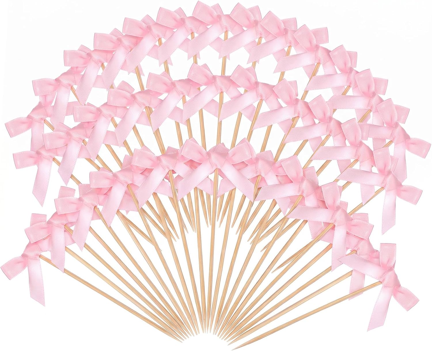 100Pcs Pink Bow Cocktail Picks 4.3" Bow Bamboo Fancy Toothpicks