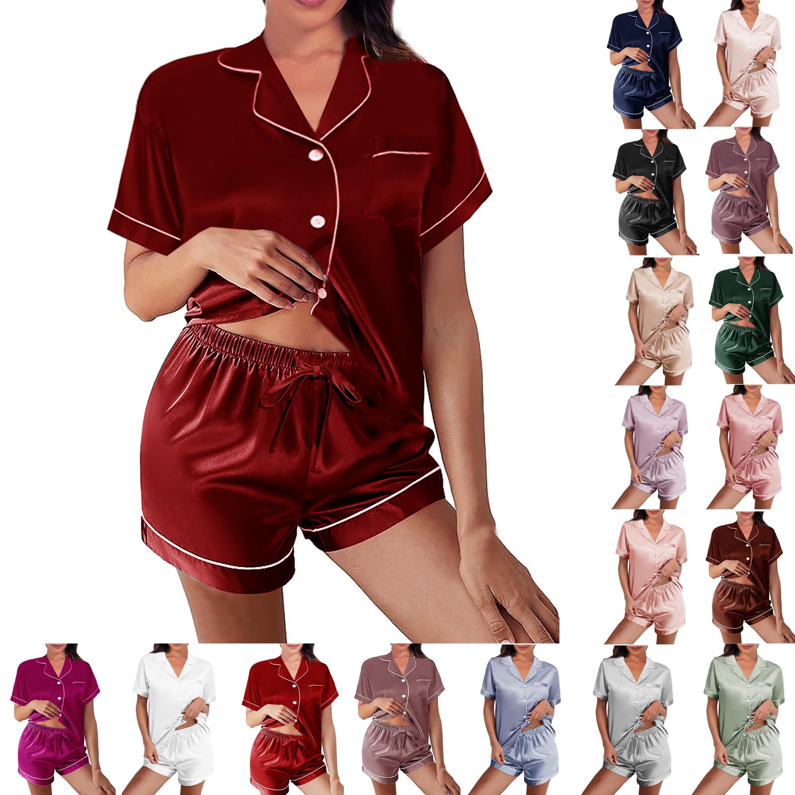 WJing Yi Jia Womens Silk Satin Pajamas Loungewear Two-Piece Sleepwear Button-Down Floral Pj Set XS-4XL