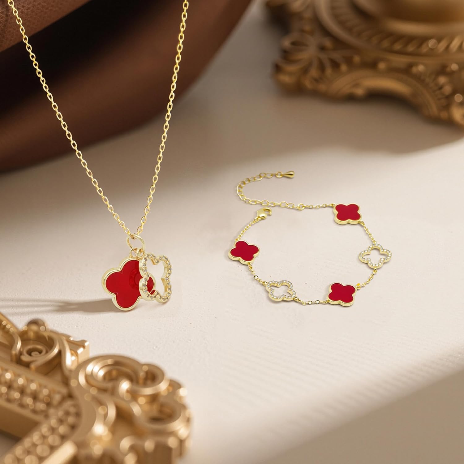 Clover Jewelry Set 18k Gold Plated Silver Dainty Lucky Four Leaf Link Chain Bracelets Charm Trendy Pendent Necklace Cute Jewelry Gifts for Women - Image 6