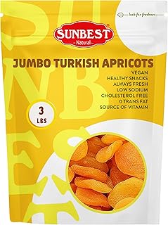 Sunbest Natural Jumbo Turkish Dried Apricots – 3lb Bulk Bag (48 oz) Soft & Sweet Dried Fruit Snacks – No Sugar Added, Non-GMO, Gluten-Free, Vegan – Healthy Fruit Snack for Kids & Adults, Great for Baking & Cooking