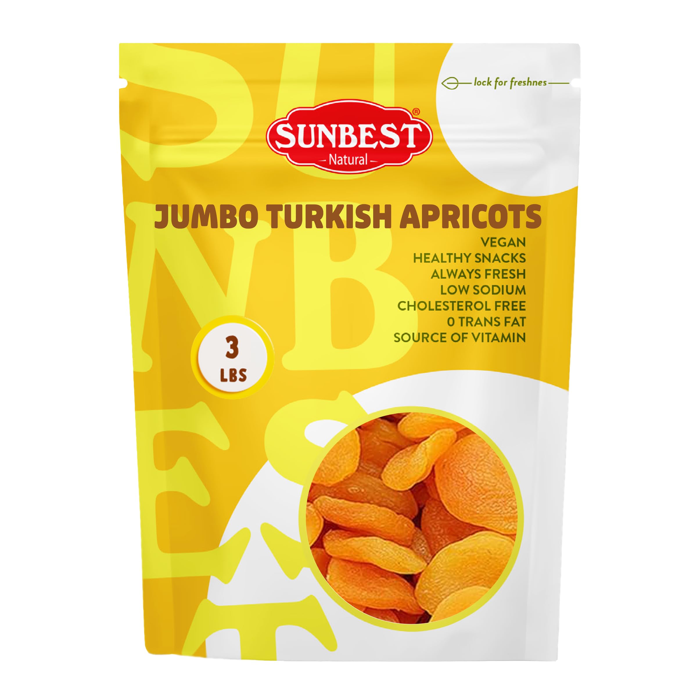 Sunbest Natural Turkish Dried Apricots, 3 lbs – No Sugar Added – Soft & Sweet Jumbo Fruit Bites – Vegan & Low Sodium Bulk Apricot Bag for Baking, Cooking & Snacking (48 oz)