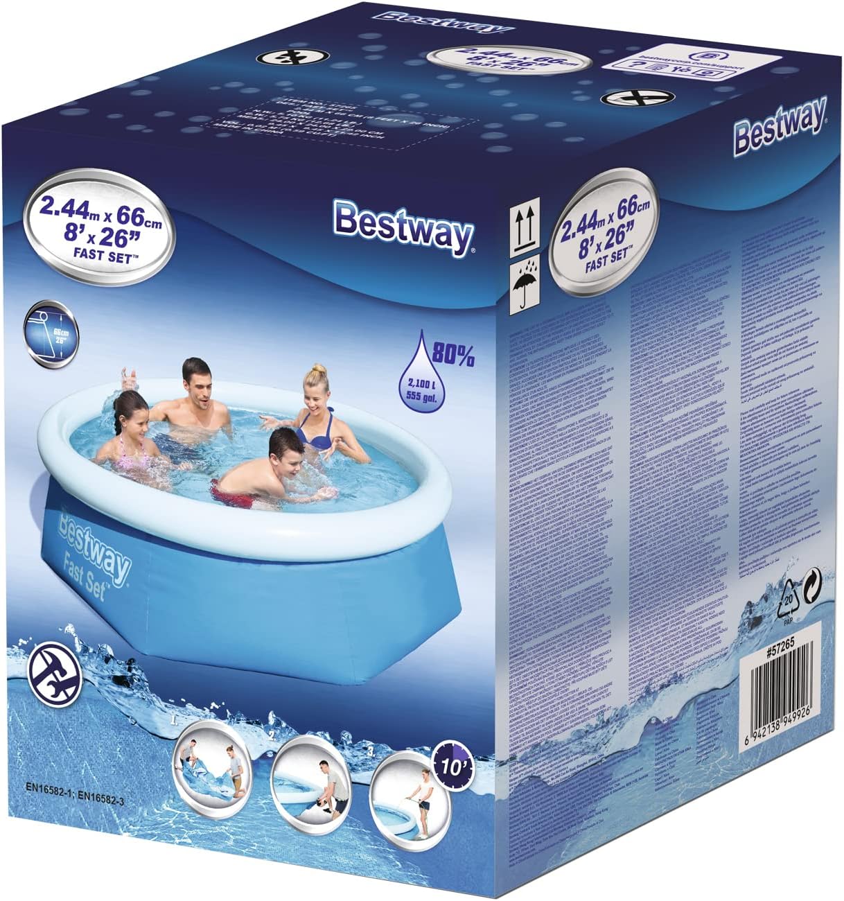 Bestway Round Kids Inflatable Paddling Pool, Fast Set, 8 ft