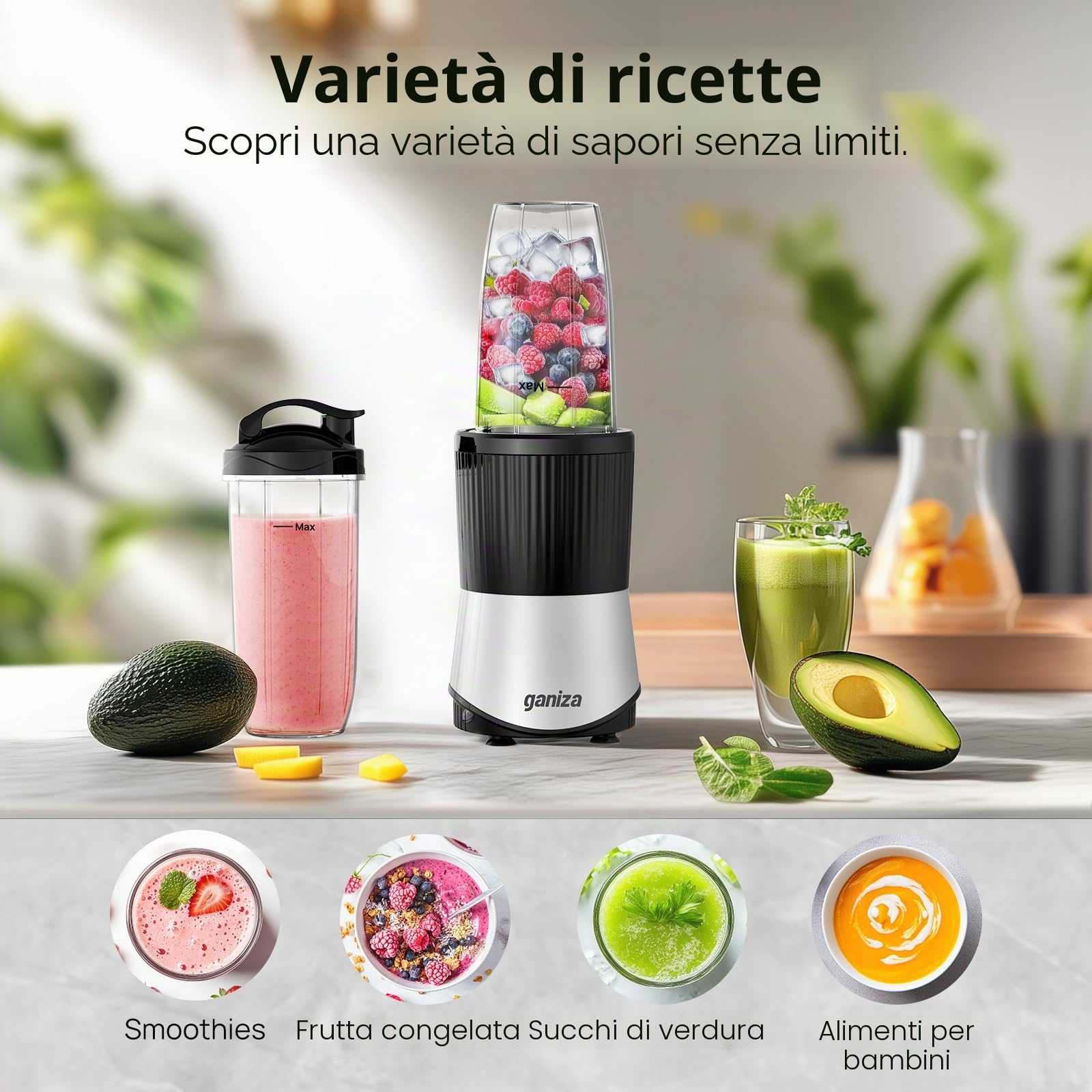 Ganiza Smoothie Maker, Mini Standmixer da 900W, Mixer con 25.000 giri/min, 3 Bicchieri Tritan da Asporto (300ml & 500ml & 700ml), 4 Lame Asimmetriche, per Ogni Tipo di Frullato e Smoothie, Argento