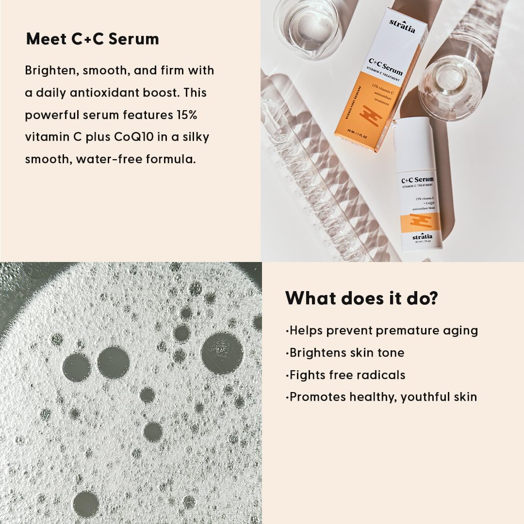 Stratia C+C Vitamin C Serum – 15% Potent Formula with 10% L-Ascorbic Acid for Bright, Even-Toned Skin - Non-Irritating, Water-Free Antioxidant Face Cream, 1 Fl Oz - Image 2
