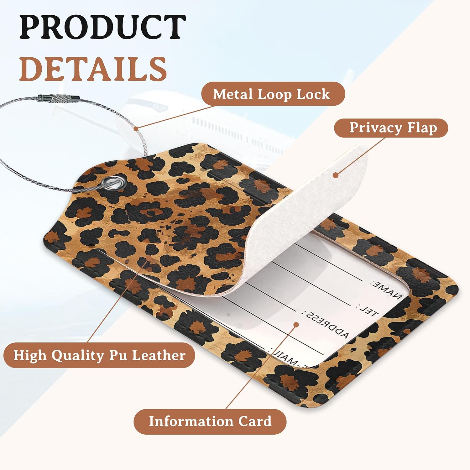 Groovy Leopard 2 Pack Luggage Tag for Suitcase, Cute Unique Leather Bag Tags Identifiers Privacy Cover ID Label with Durable Steel Loop for Women Men Kids Girls Travel