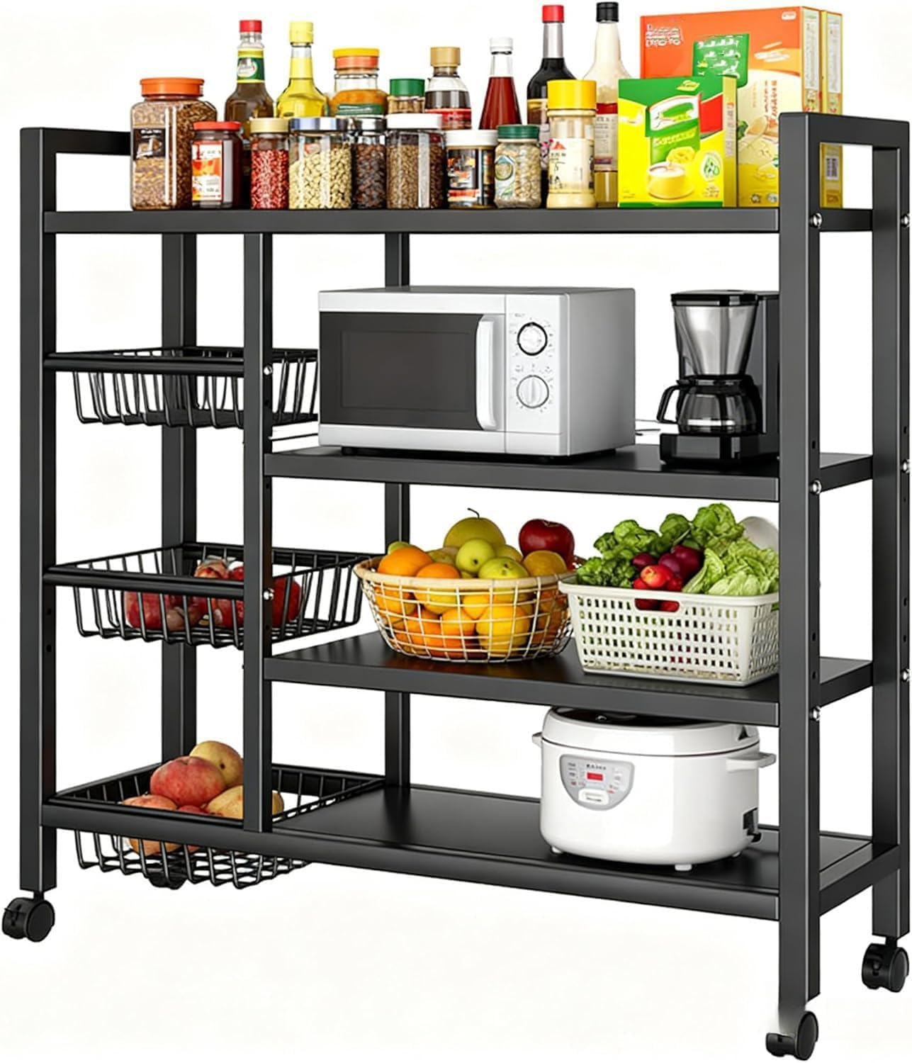 4 Tier Kitchen Storage Trolley, Heavy Duty Shelving Unit with 3 Baskets