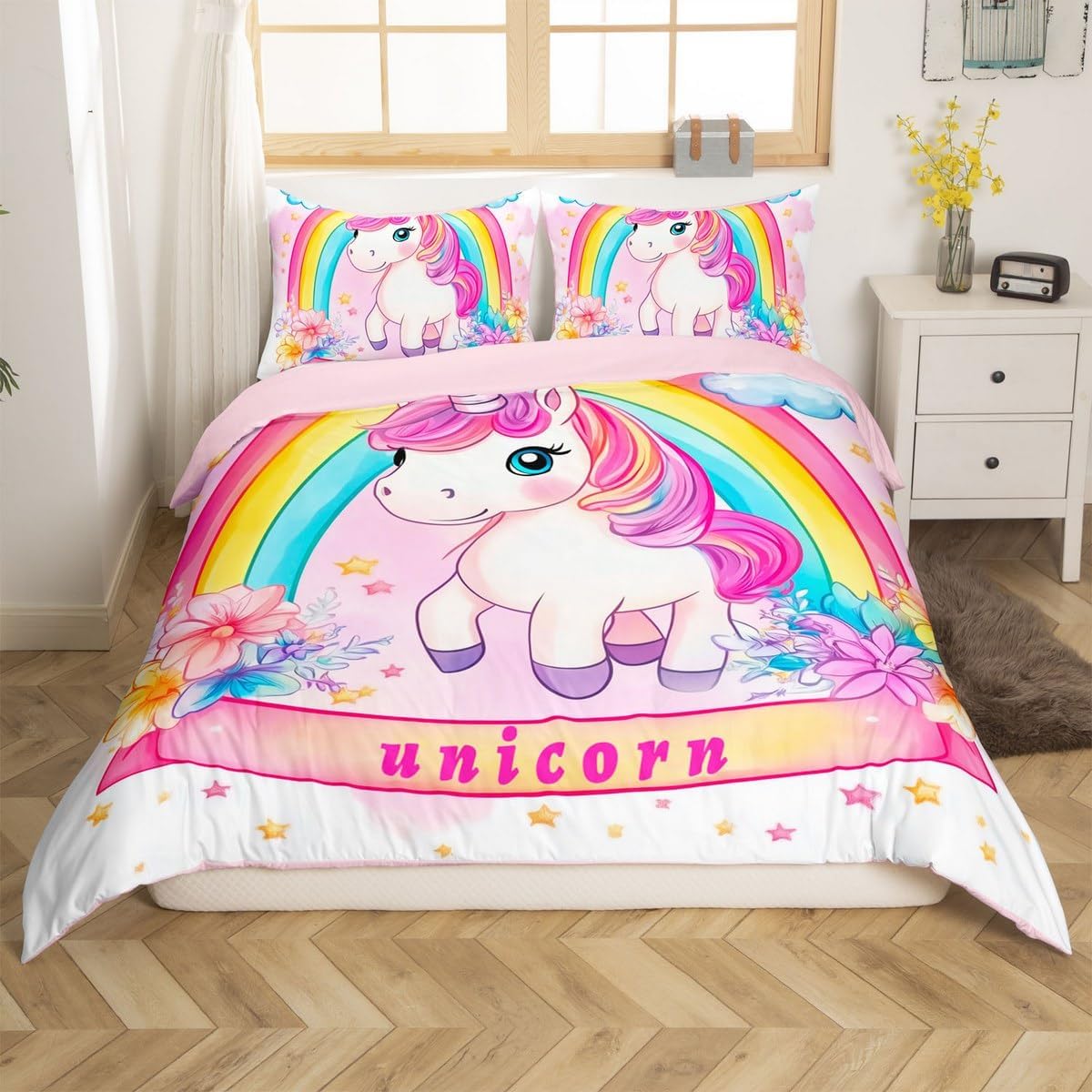 jejeloiu Girls Unicorn Comforter Cover Toddler Rainbow Galaxy Pattern Bedding Set for Kids Boys Dreamy Fairy Tale Cartoon Animal Duvet Cover Room Decor（No Comforter