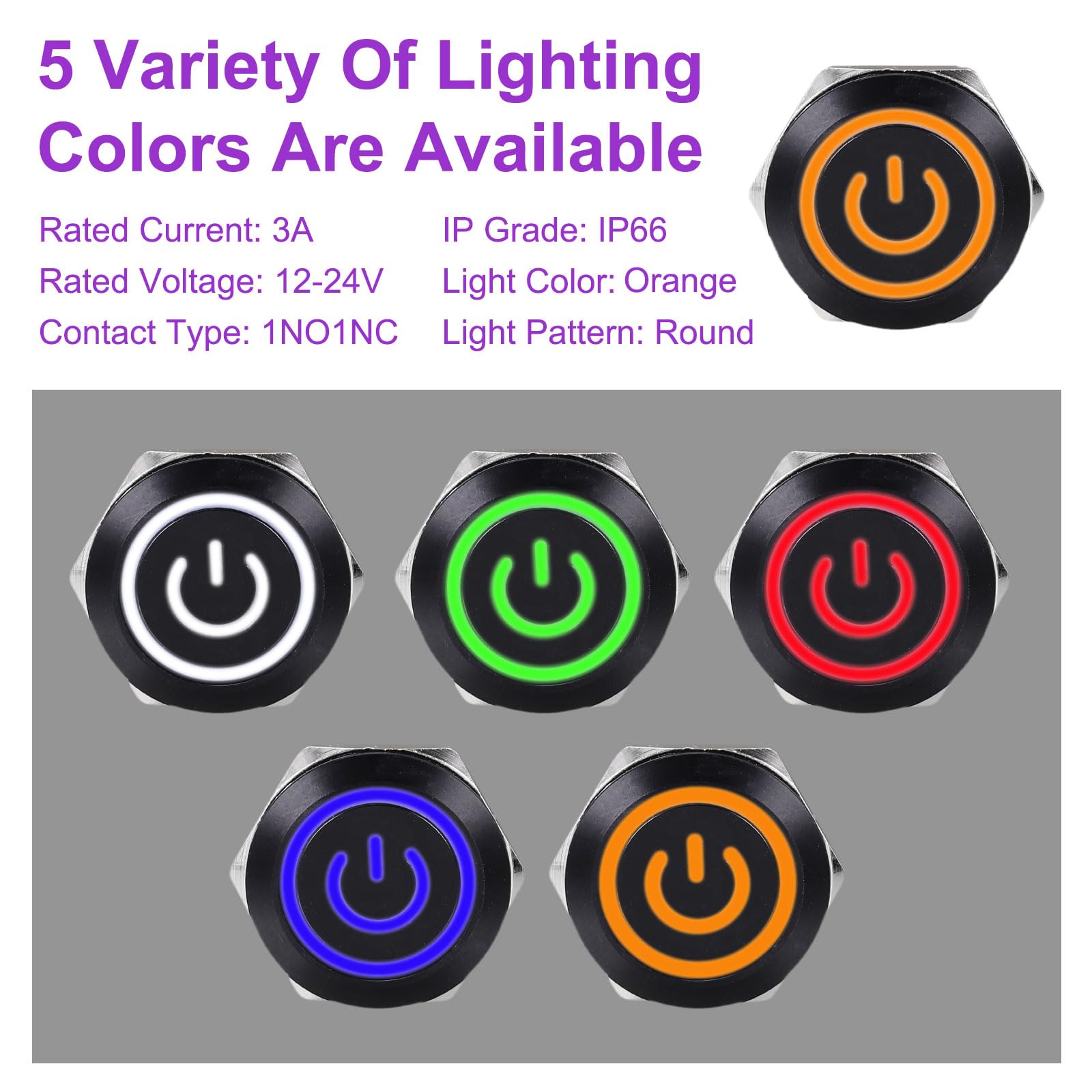 DMiotech 2 Pack 19mm / 3/4" Aluminium Alloy Momentary Push Button Switch Flat Head 3A 12-24V Black Shell 5 Pin with Cable Socket Orange Switch LED 1NO1NC for Car Boat Systems Custom Setups - Image 3