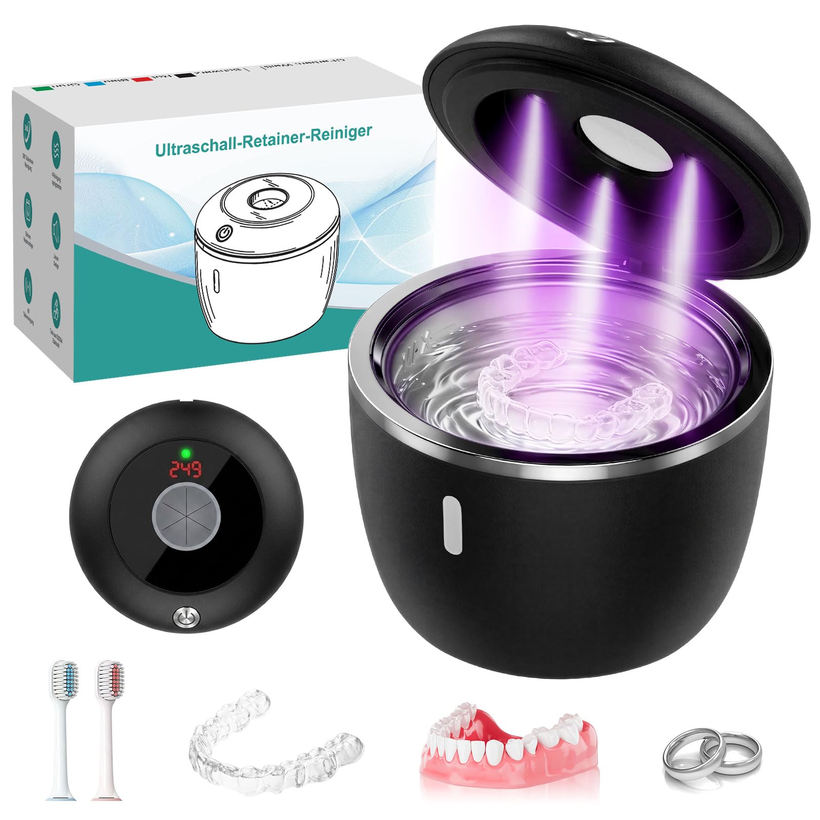 Ultraschallreinigungsgerät, 48kHz Ultraschallreiniger mit 4 Modi, digitalem Timer, Ultrasonic Cleaner für Zahnersatz, Mundschutz, Zahnbürsten, Nachtschutz, Schmuck