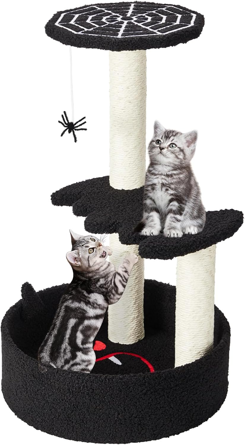 Gothic Cat Tree for Indoor Cats – Small Cat Tower with Sisal Scratching Posts, Cat Trees Stand Climber Pole with Hanging Spiders Bats for Kitten